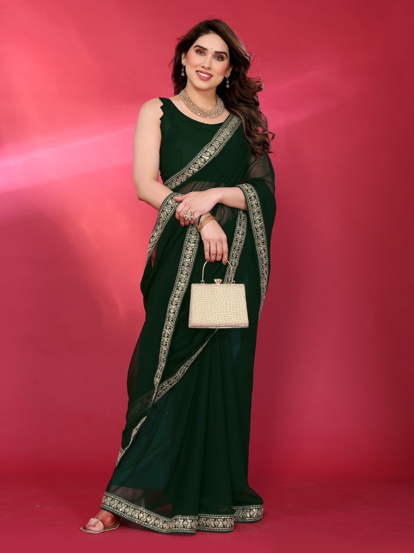Green Georgette Saree With Plain Saree With Embroidery Work Lace