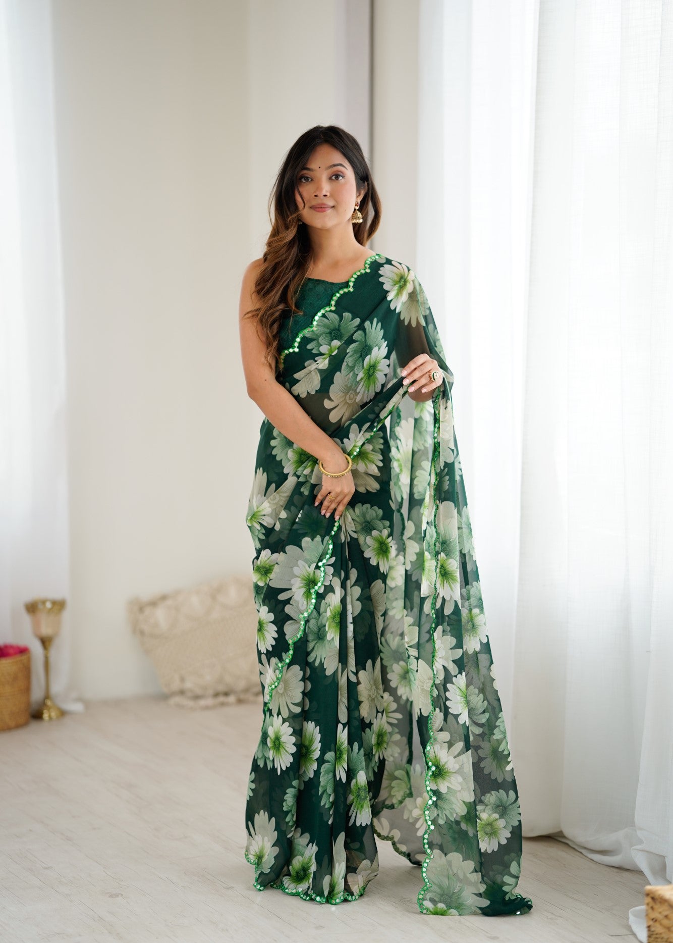 Green Georgette Saree With Printed Design And Mirror Work