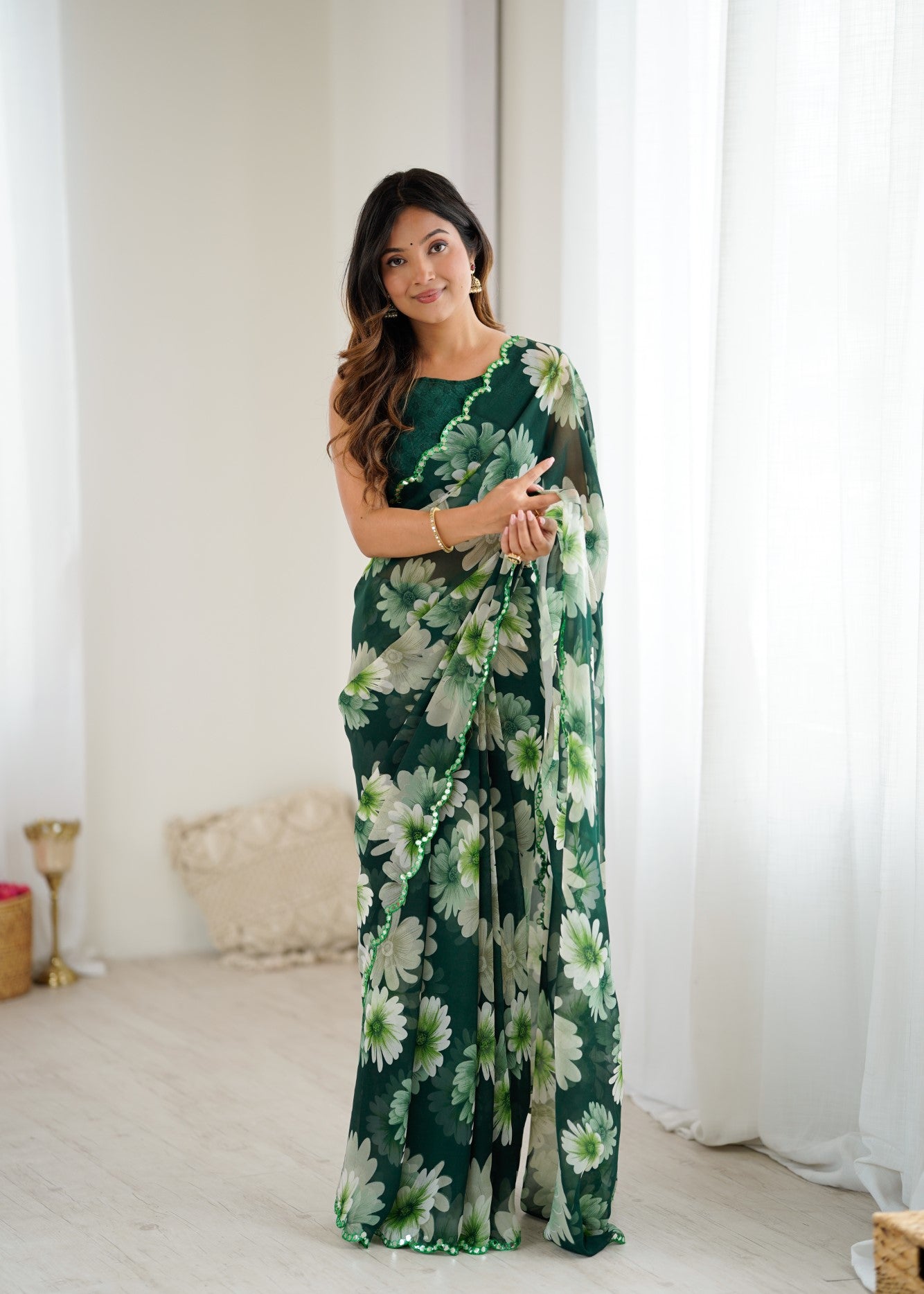 Green Georgette Saree With Printed Design And Mirror Work