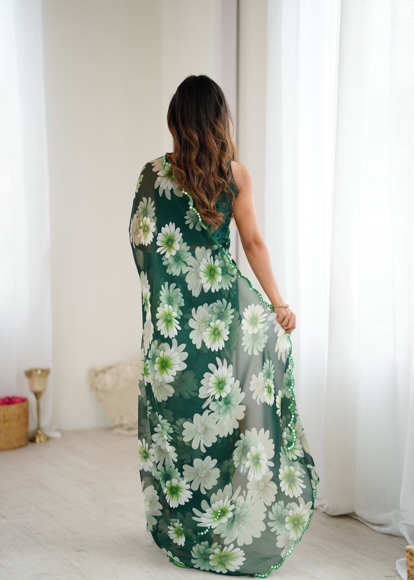Green Georgette Saree With Printed Design And Mirror Work