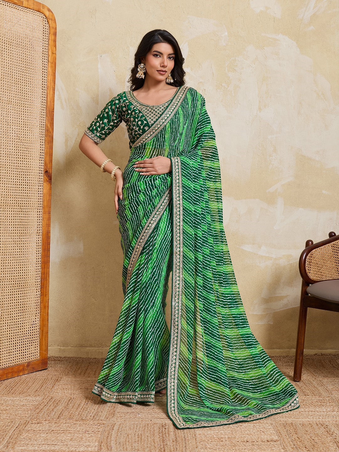Green Georgette Saree With Printed Traditional Designer Saree
