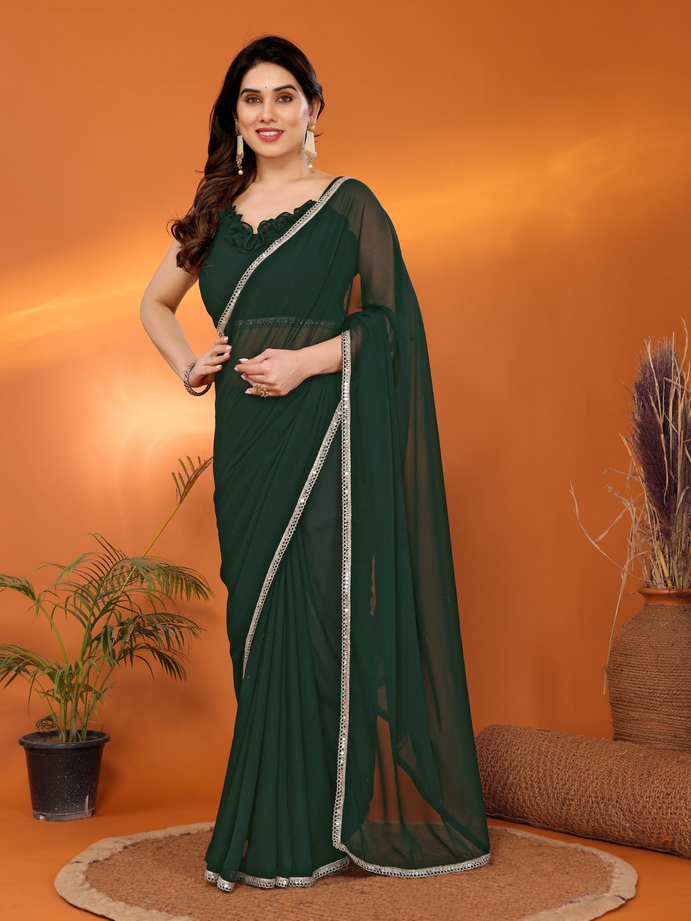 Green Georgette Saree with Mirror Border