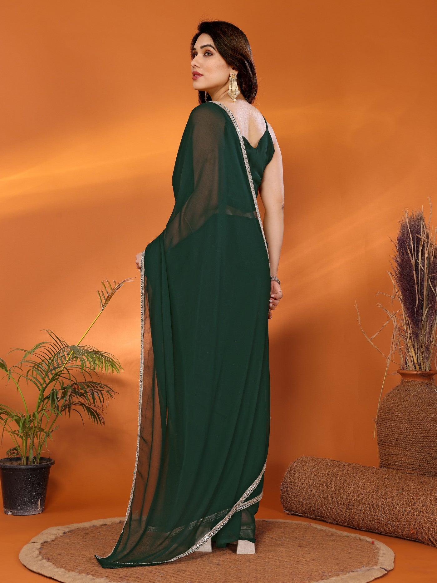 Green Georgette Saree with Mirror Border