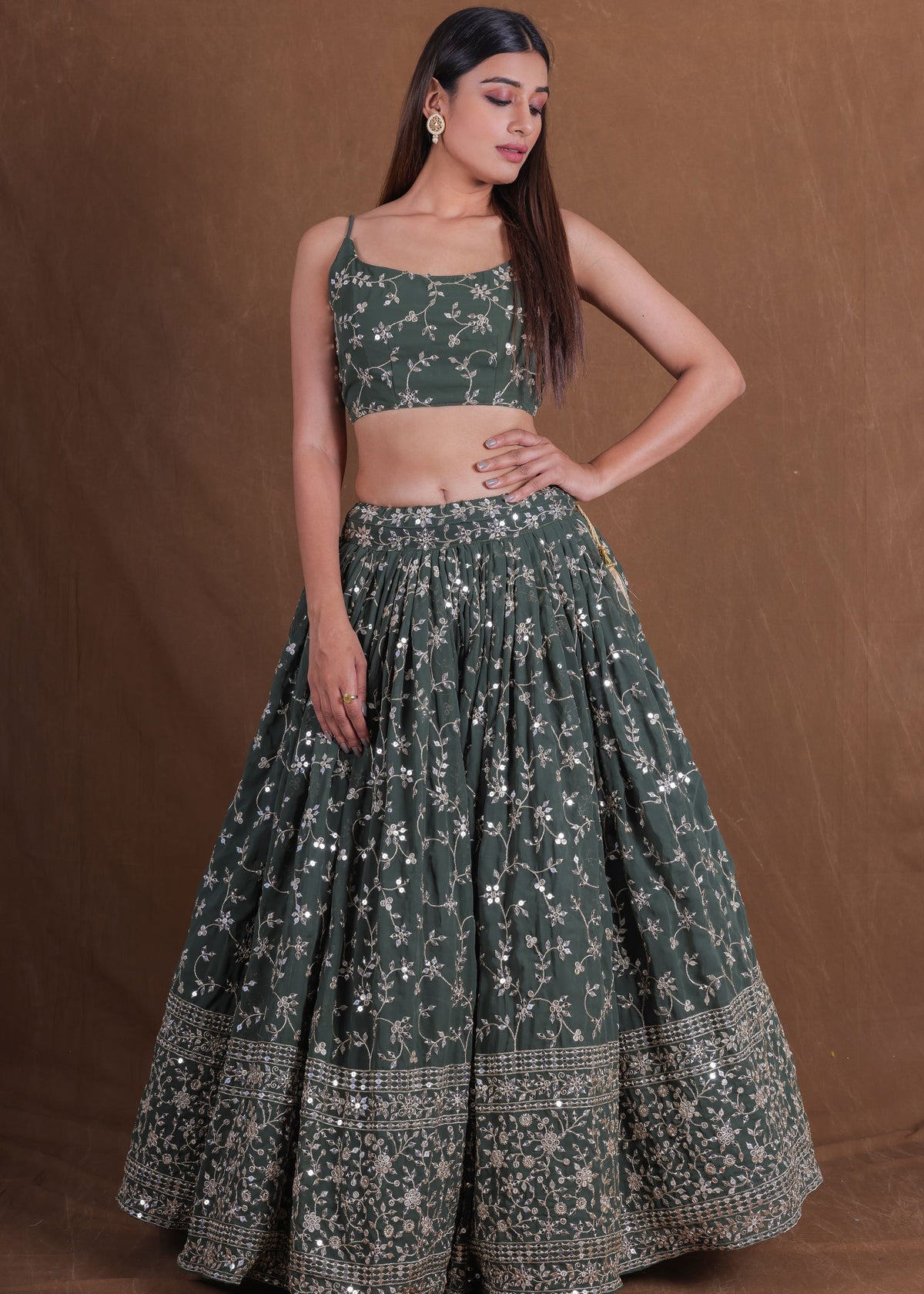 Green Georgette Sequence Embroidery Work Lehenga Choli