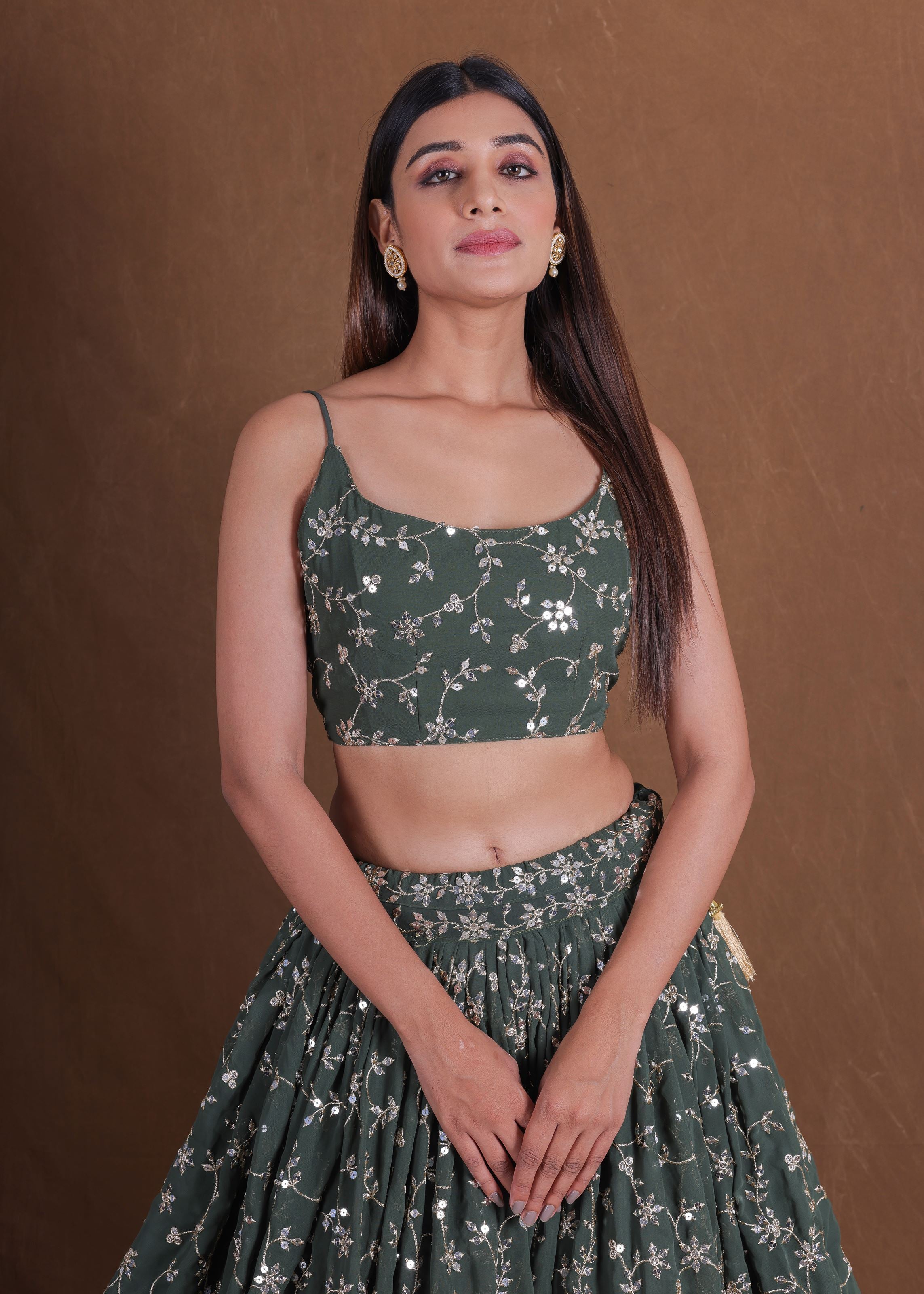 Green Georgette Sequence Embroidery Work Lehenga Choli