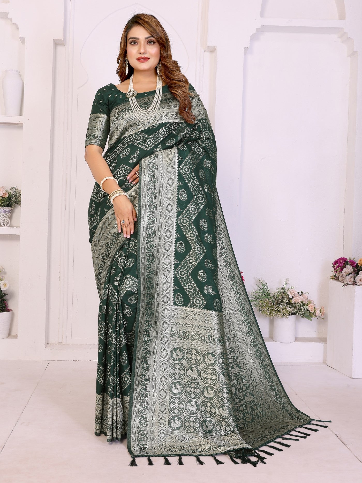 Green Georgette Silk Saree With Leheriya And Elegant Zari Weaving