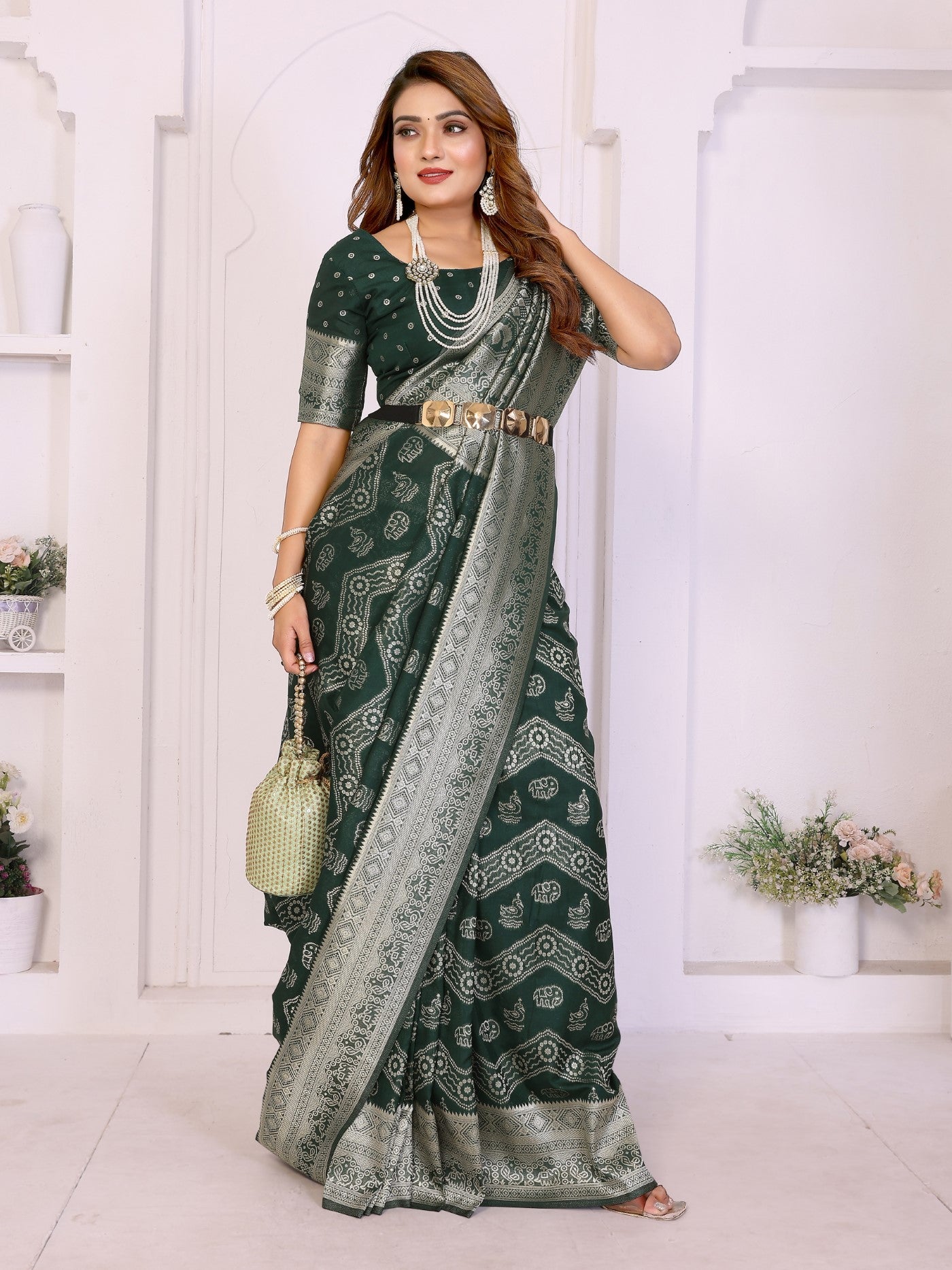 Green Georgette Silk Saree With Leheriya And Elegant Zari Weaving