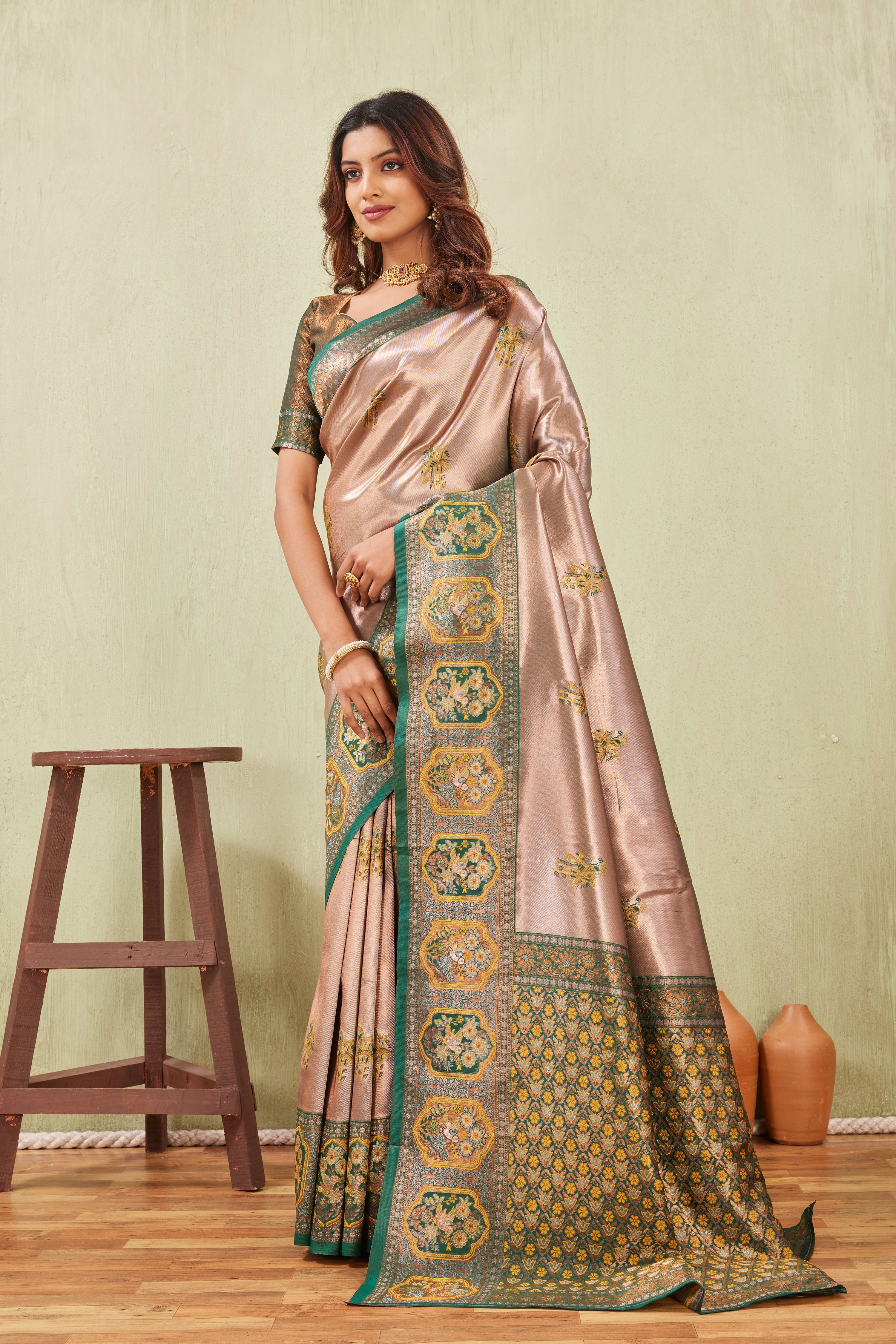 Green Gold Banarasi Silk Saree with Rich Pallu & Elegant Jacquard Jari Work