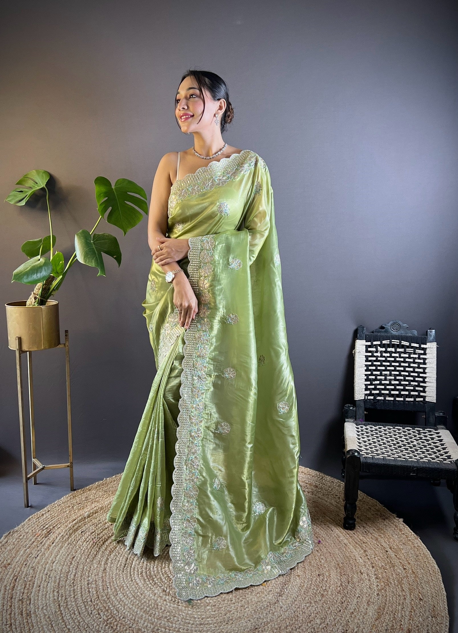 Green Gold Crunchy Saree With Sequins Embroidery And Cut Work