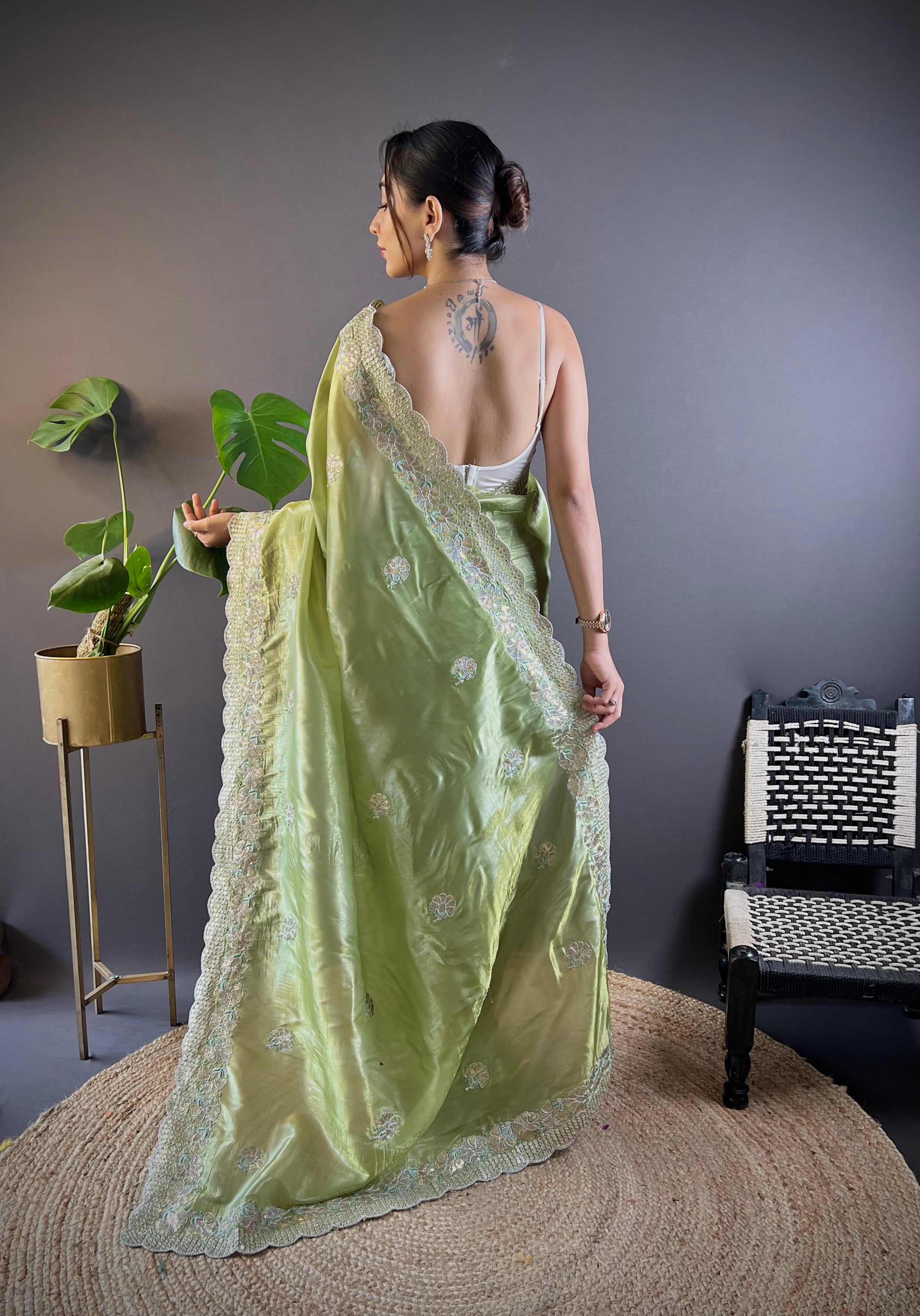 Green Gold Crunchy Saree With Sequins Embroidery And Cut Work