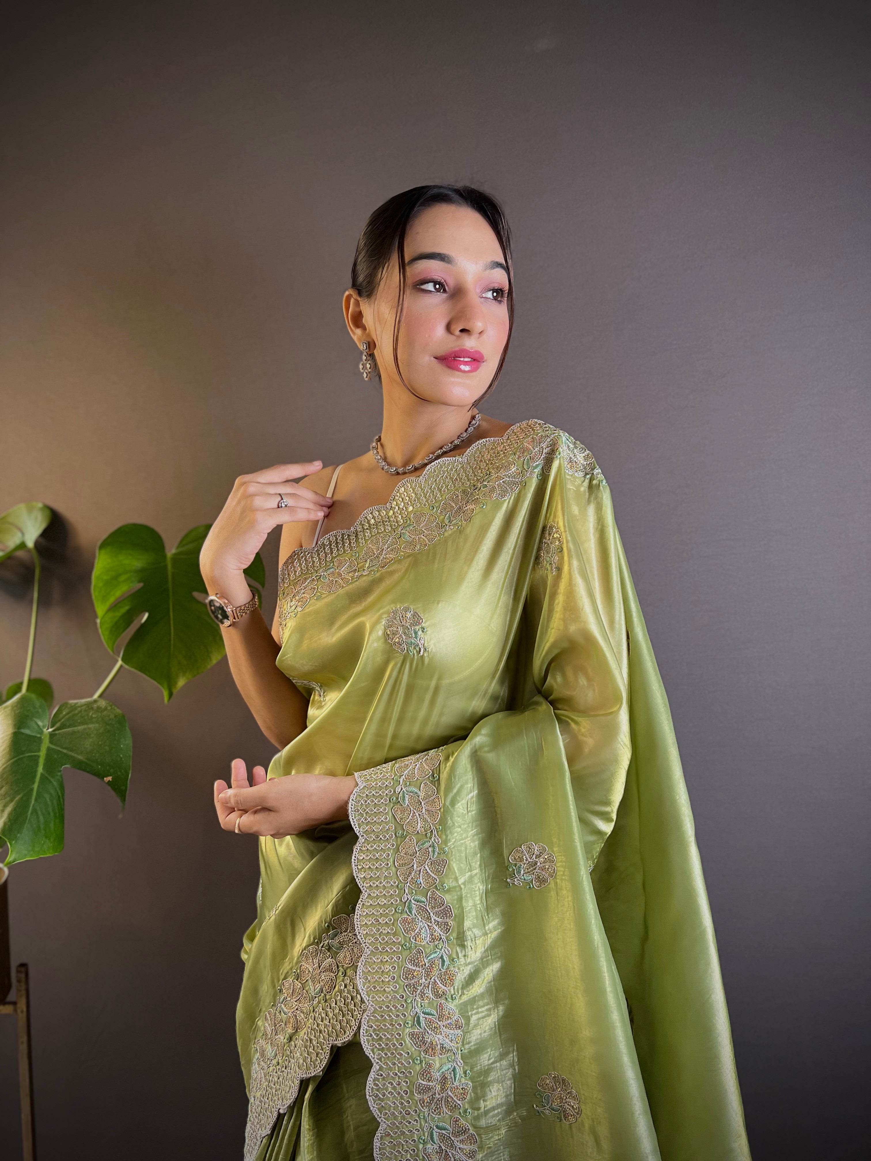 Green Gold Crunchy Saree With Sequins Embroidery And Cut Work