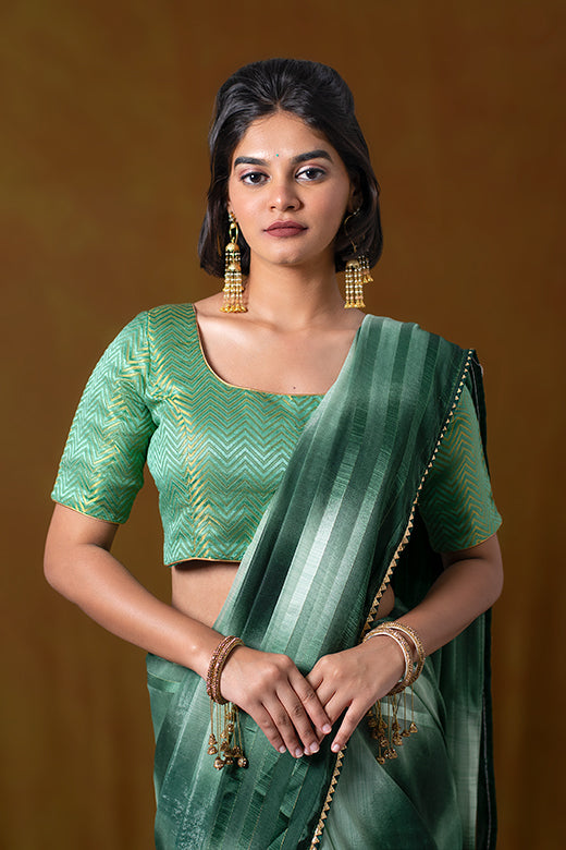 Green Half-Sleeve Blouse with Round Neckline