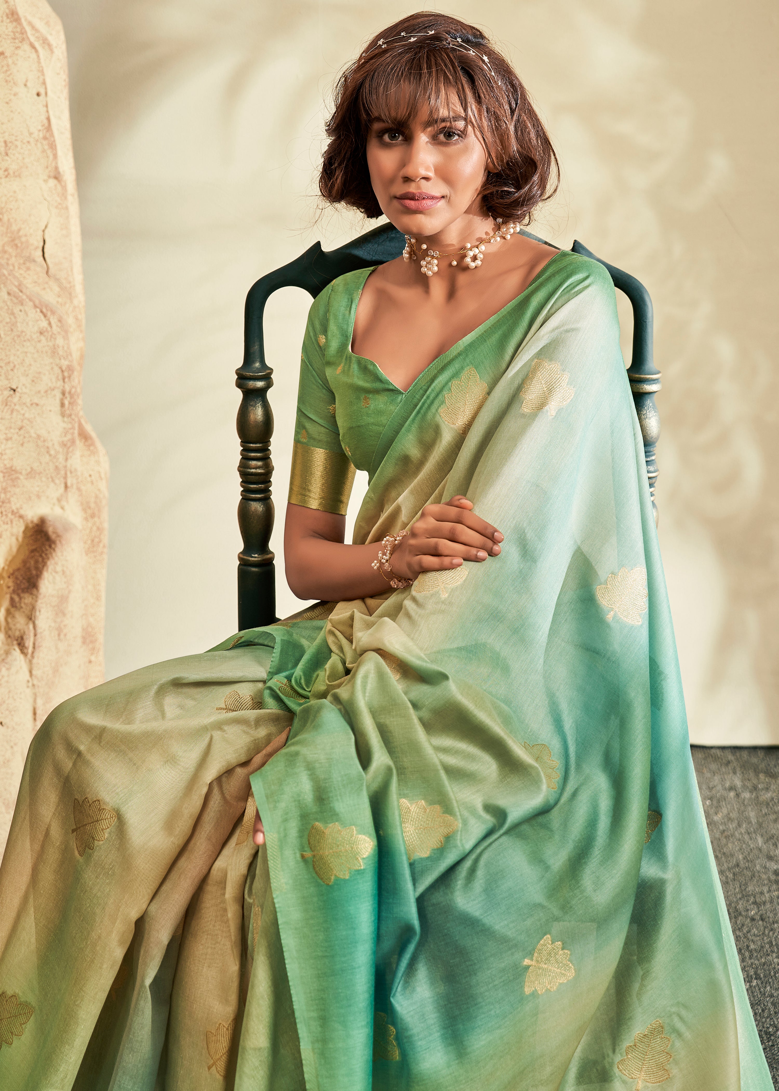Green Handloom Khadi Saree With  Jacquard Woven With Digital Print