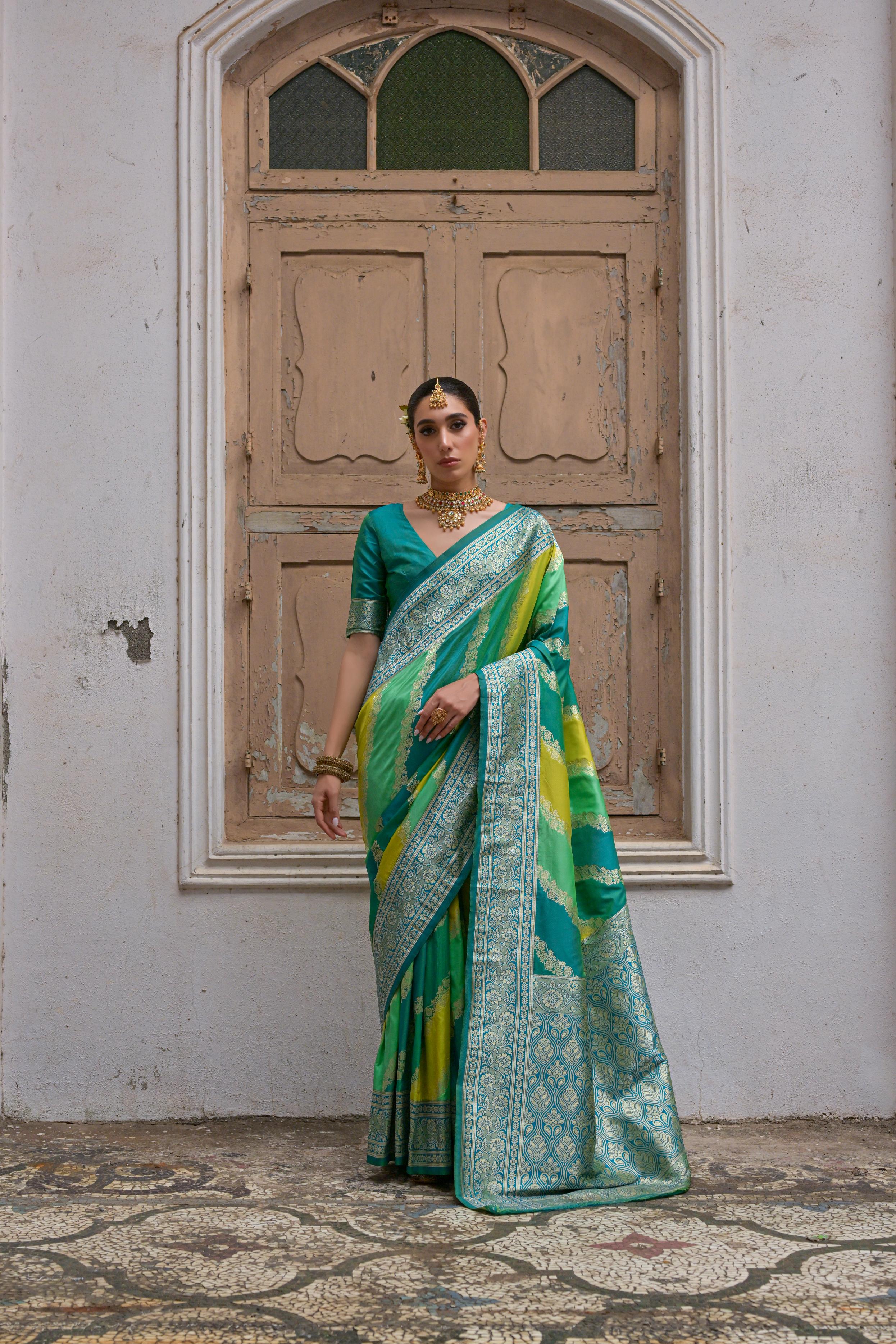 Green Handloom Woven Kadwa Style Designer Banarasi Silk Saree