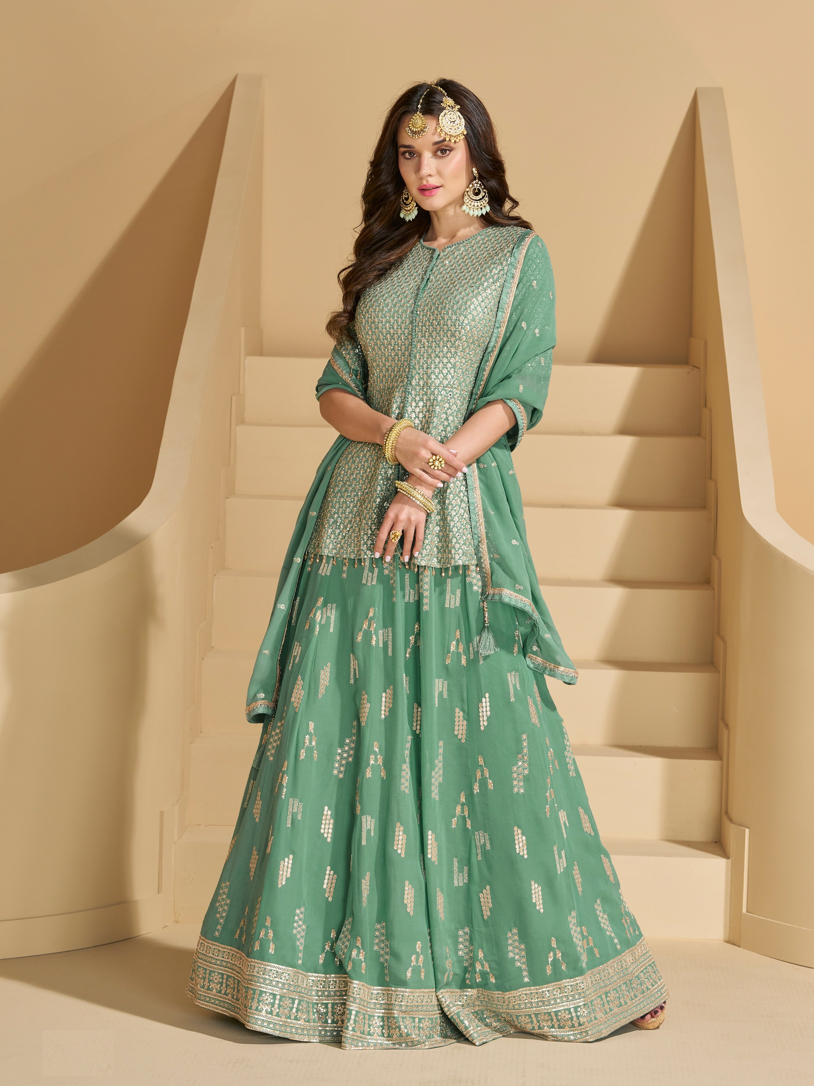 Green Heavy Designer Suit With Heavy Embroidery Work