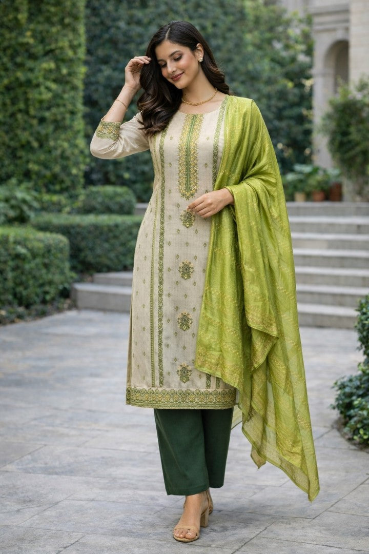 Green Jacquard Silk Designer Suit Set With Rich Woven Patterns