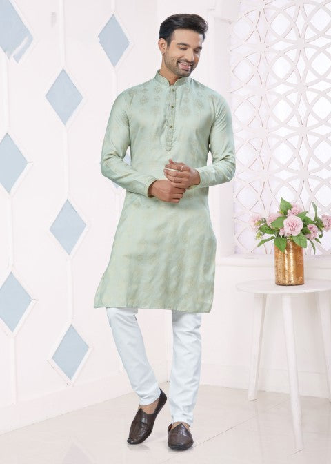 Green Jacquard Silk Pintex Jacquard Ethnic Festive Kurta Pajama