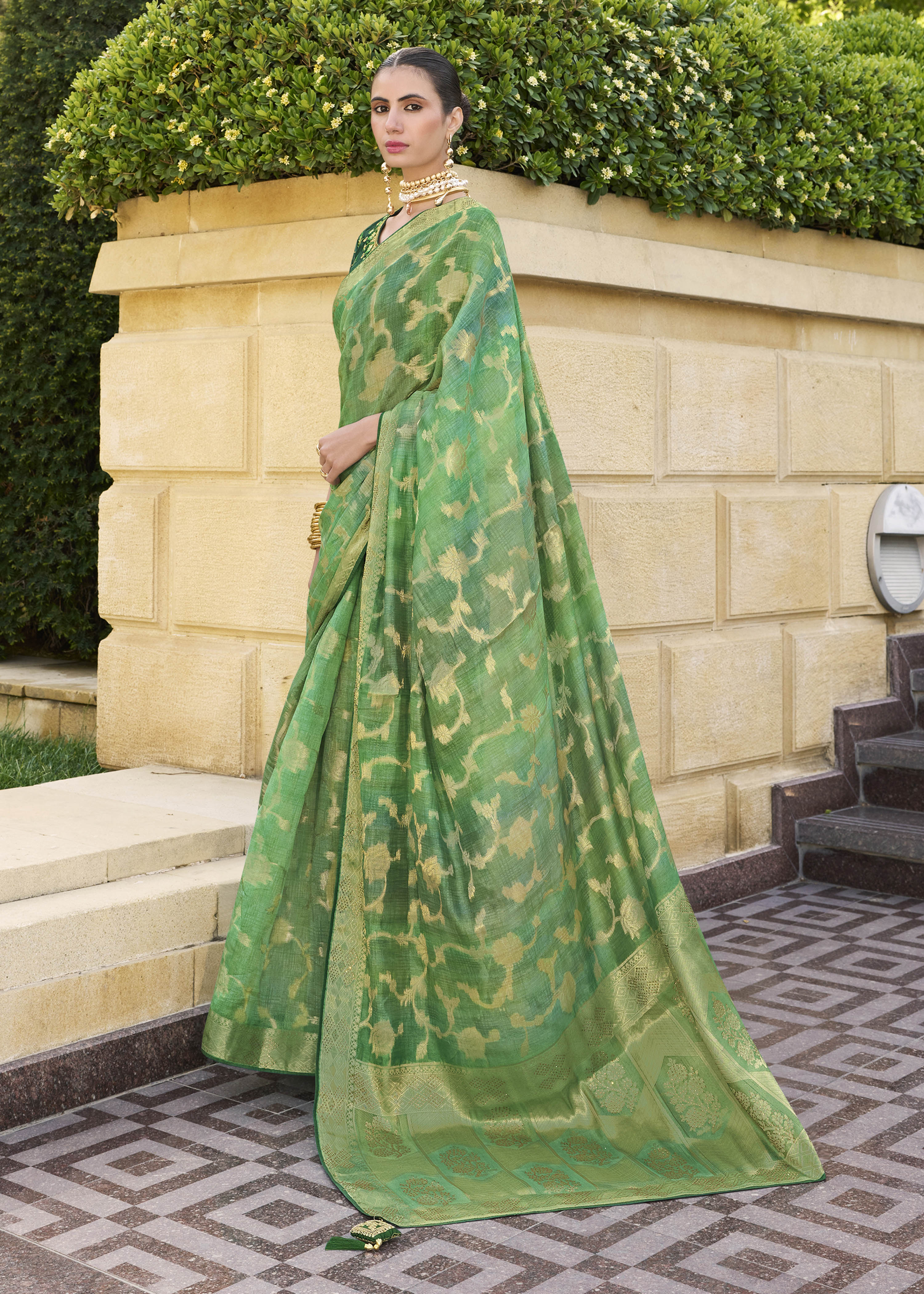 Green Jacquard Silk Woven Saree With Embroidered Blouse