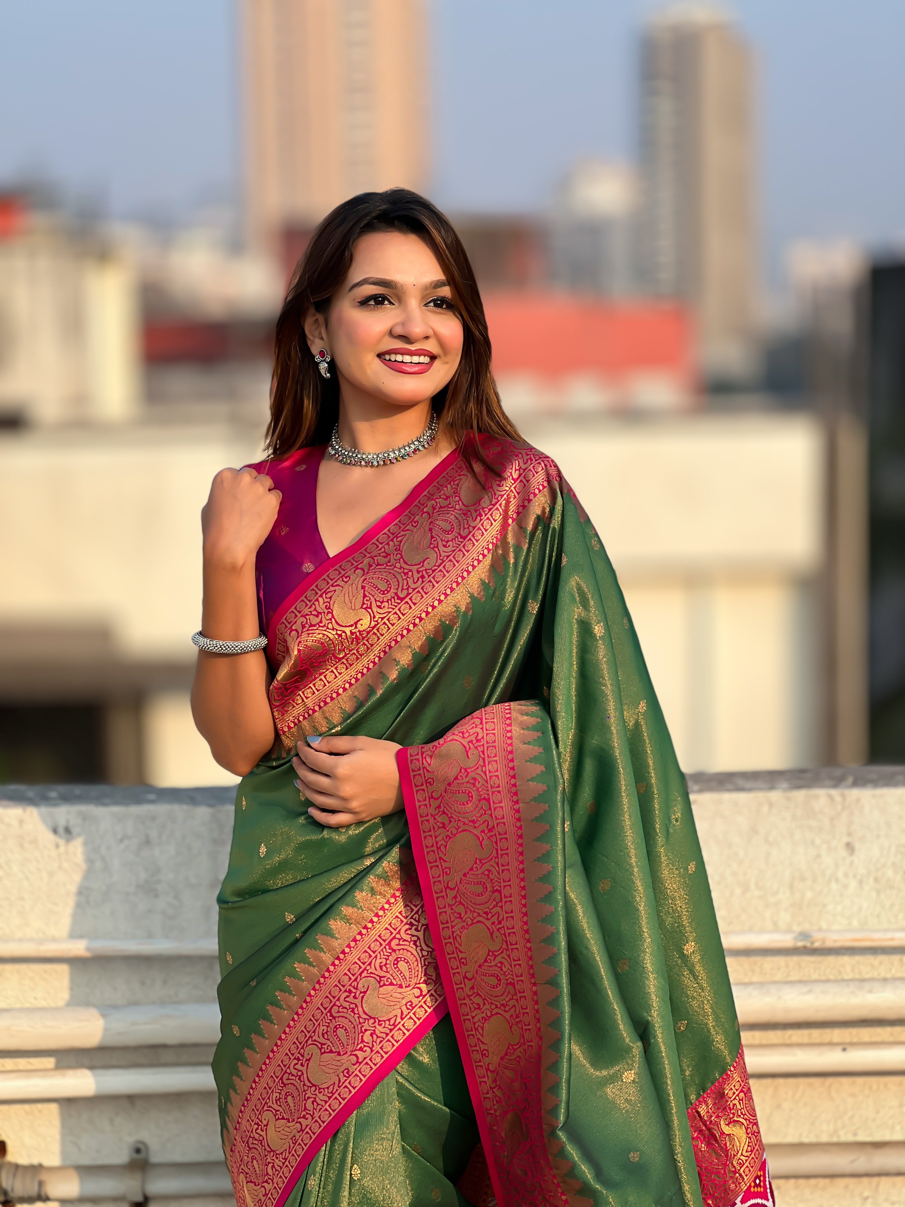 Green Jari Tissue Woven Meenakari Pallu Designer Heavy Ethnic Saree