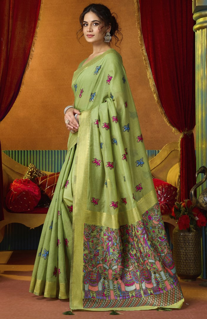Green Katha Modal Saree with Rich Mina Work & Fancy Pom Pom