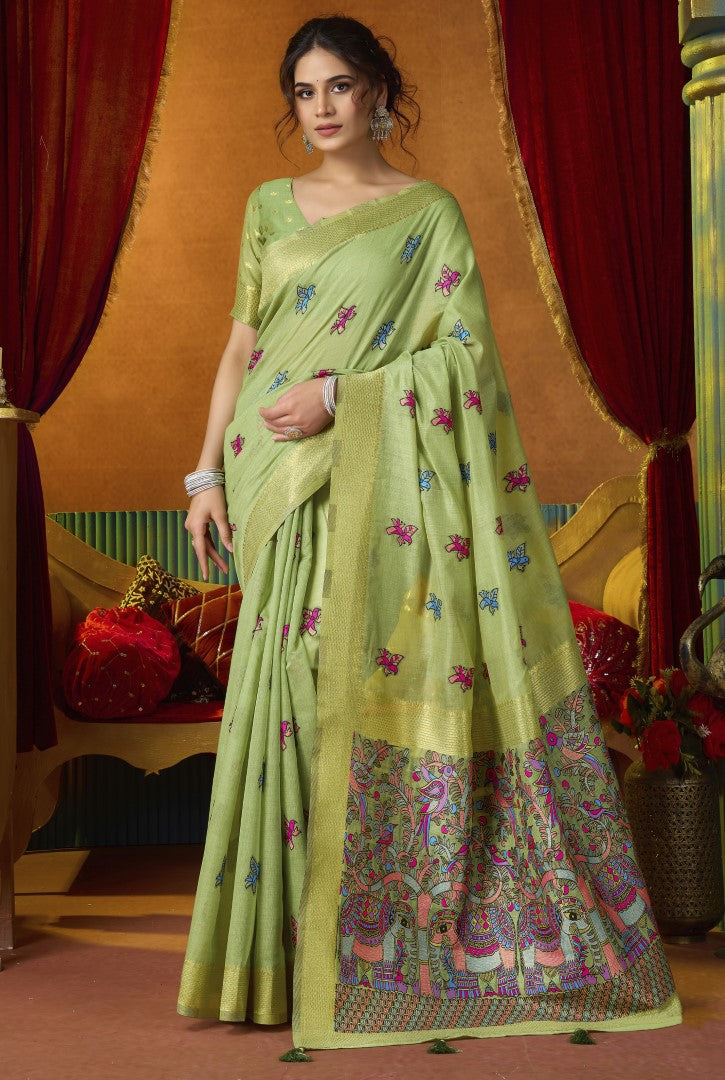 Green Katha Modal Saree with Rich Mina Work & Fancy Pom Pom
