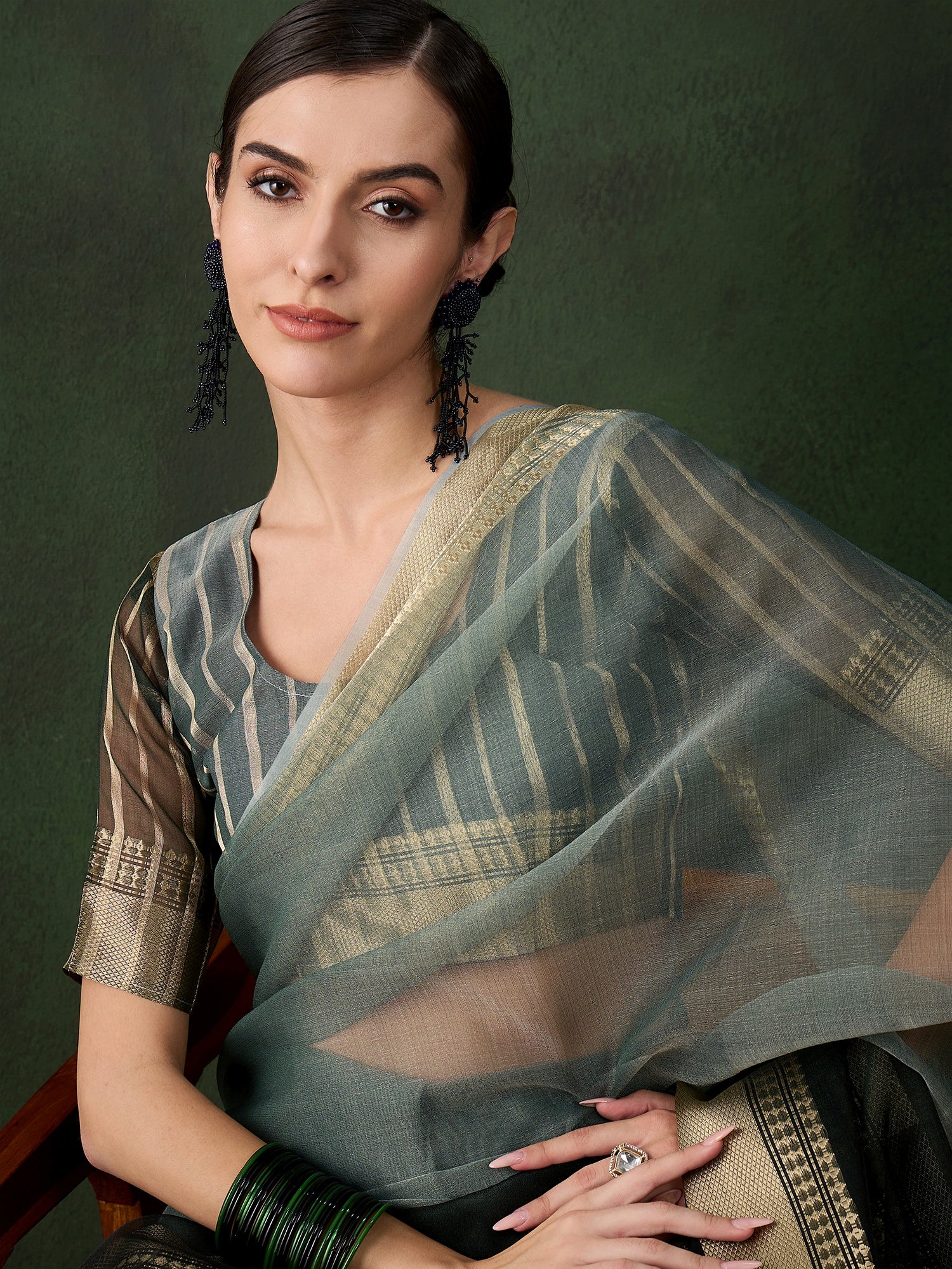 Green Khadi Organza Fabric Beautiful Woven Jacquard Designer Saree