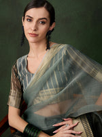 Green Khadi Organza Fabric Beautiful Woven Jacquard Designer Saree