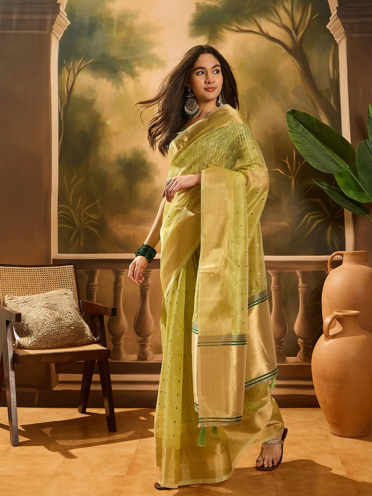Green Khadi Organza Woven Jacquard Designer Ethnic Partywear Saree