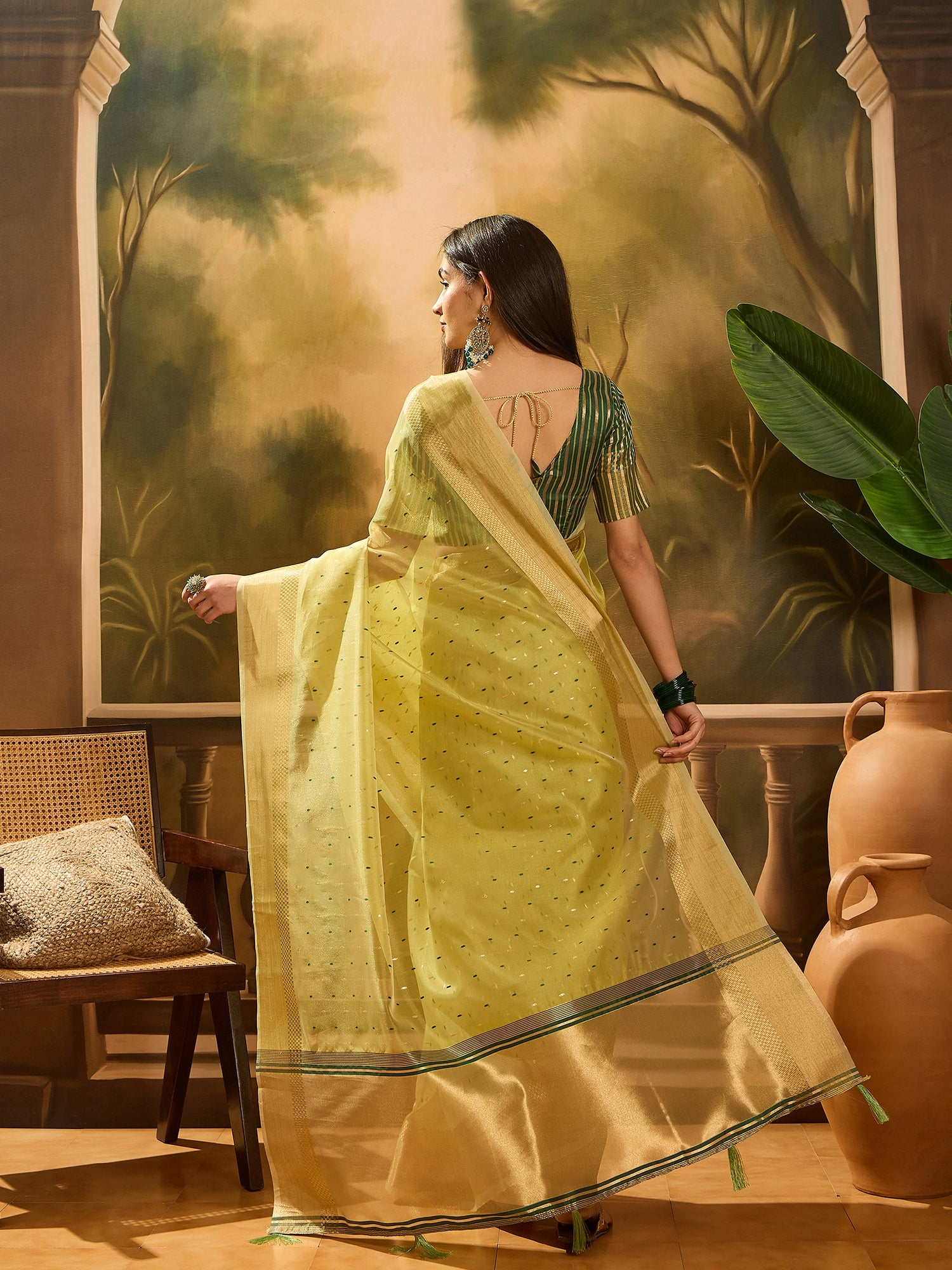 Green Khadi Organza Woven Jacquard Designer Ethnic Partywear Saree