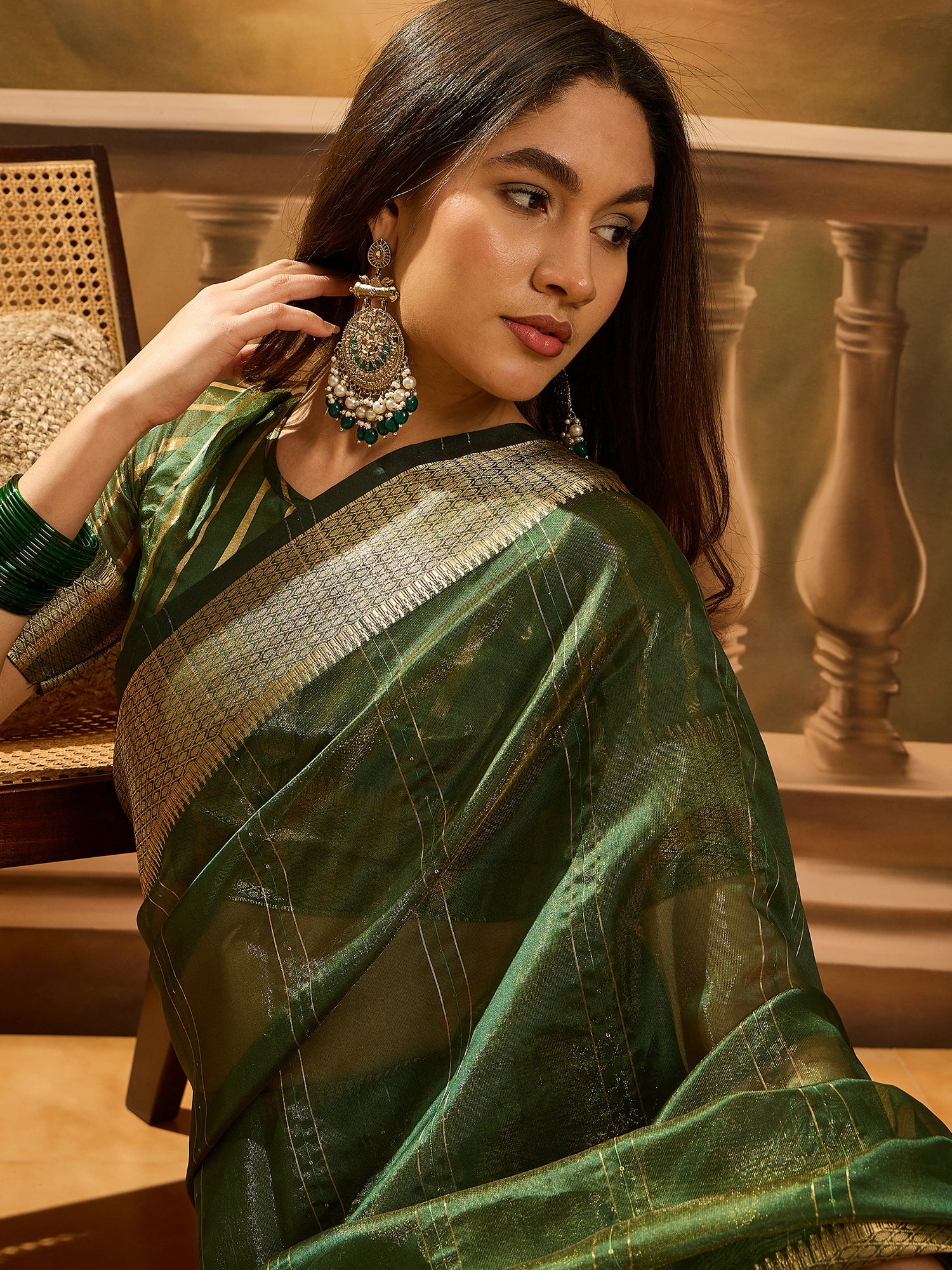 Green Khadi Organza Woven Jacquard Designer Ethnic Partywear Saree