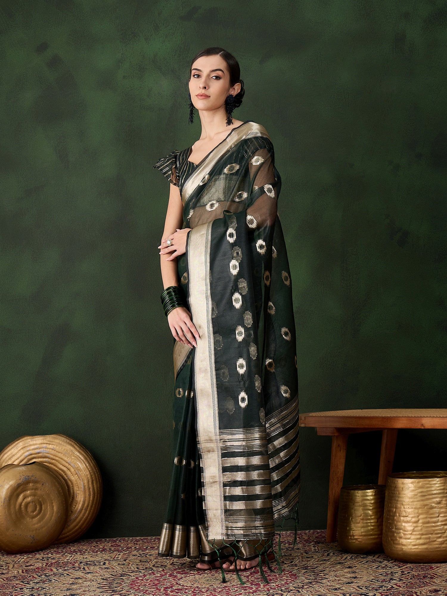 Green Khadi Organza Woven Jacquard Designer Graceful Traditional Saree