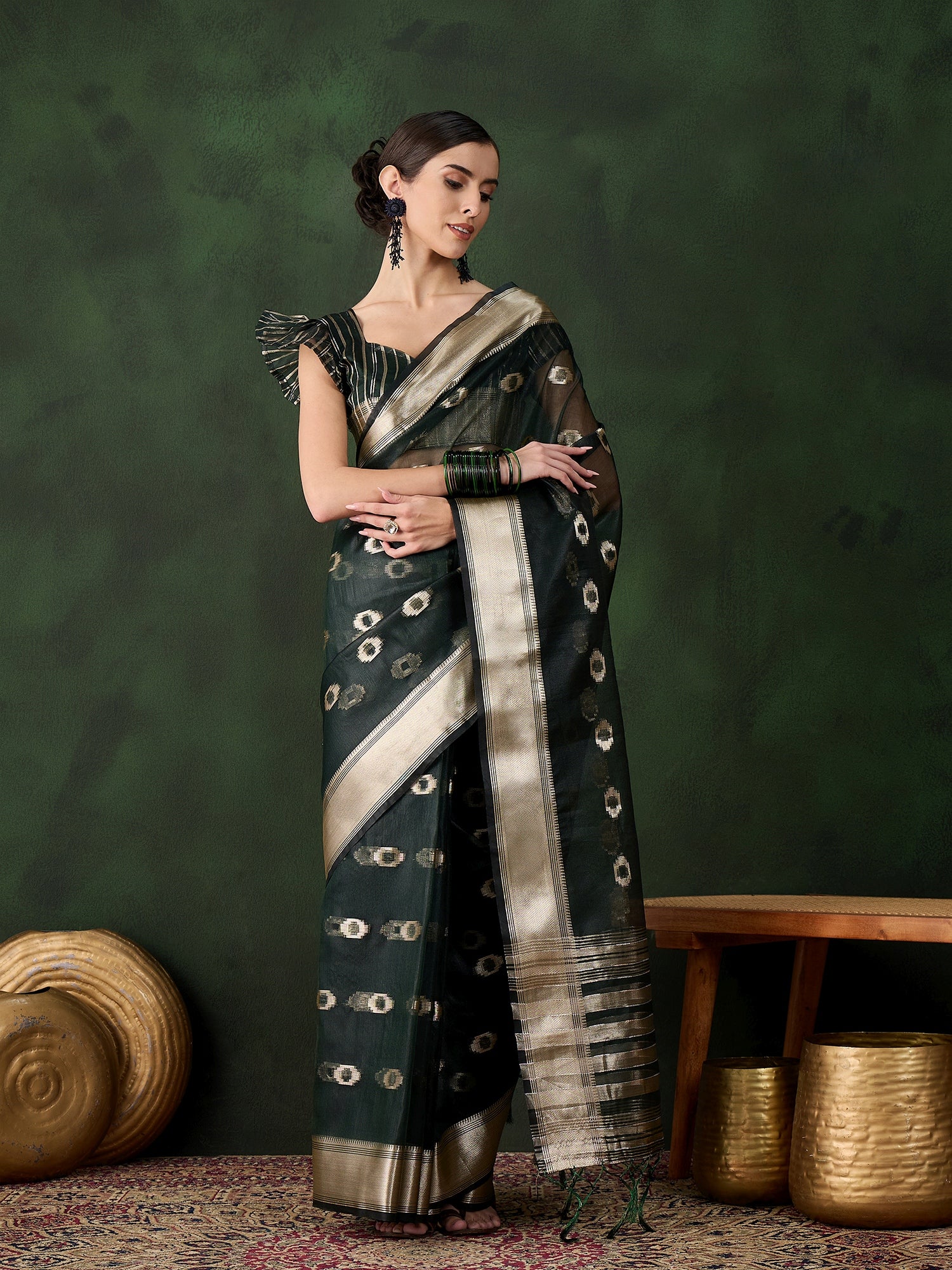 Green Khadi Organza Woven Jacquard Designer Graceful Traditional Saree