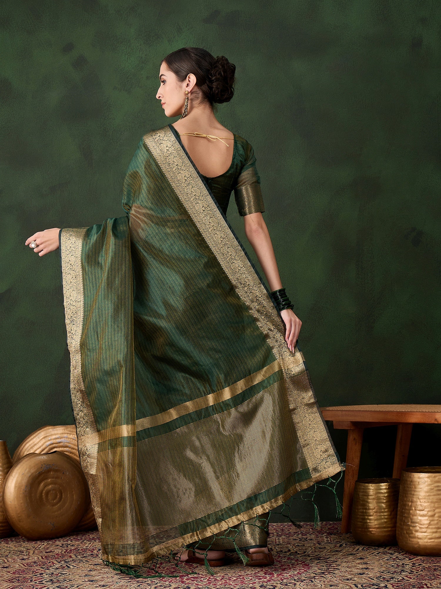 Green Khadi Organza Woven Jacquard Designer Traditional Festive Wear Saree