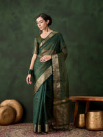 Green Khadi Organza Woven Jacquard Designer Traditional Festive Wear Saree