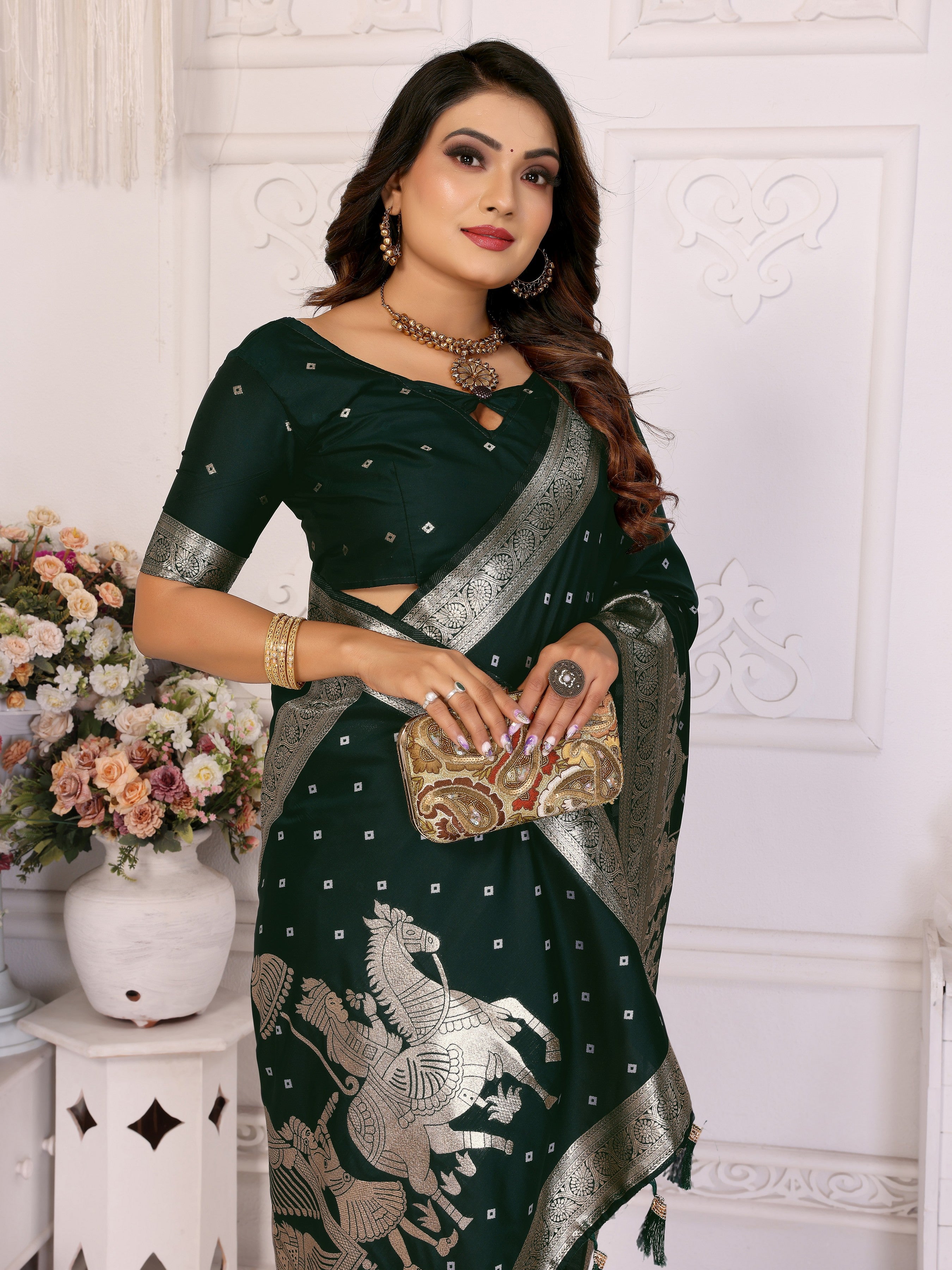 Green Kochi Silk Ethnic Woven Jari Bandhej Designer Festive Saree