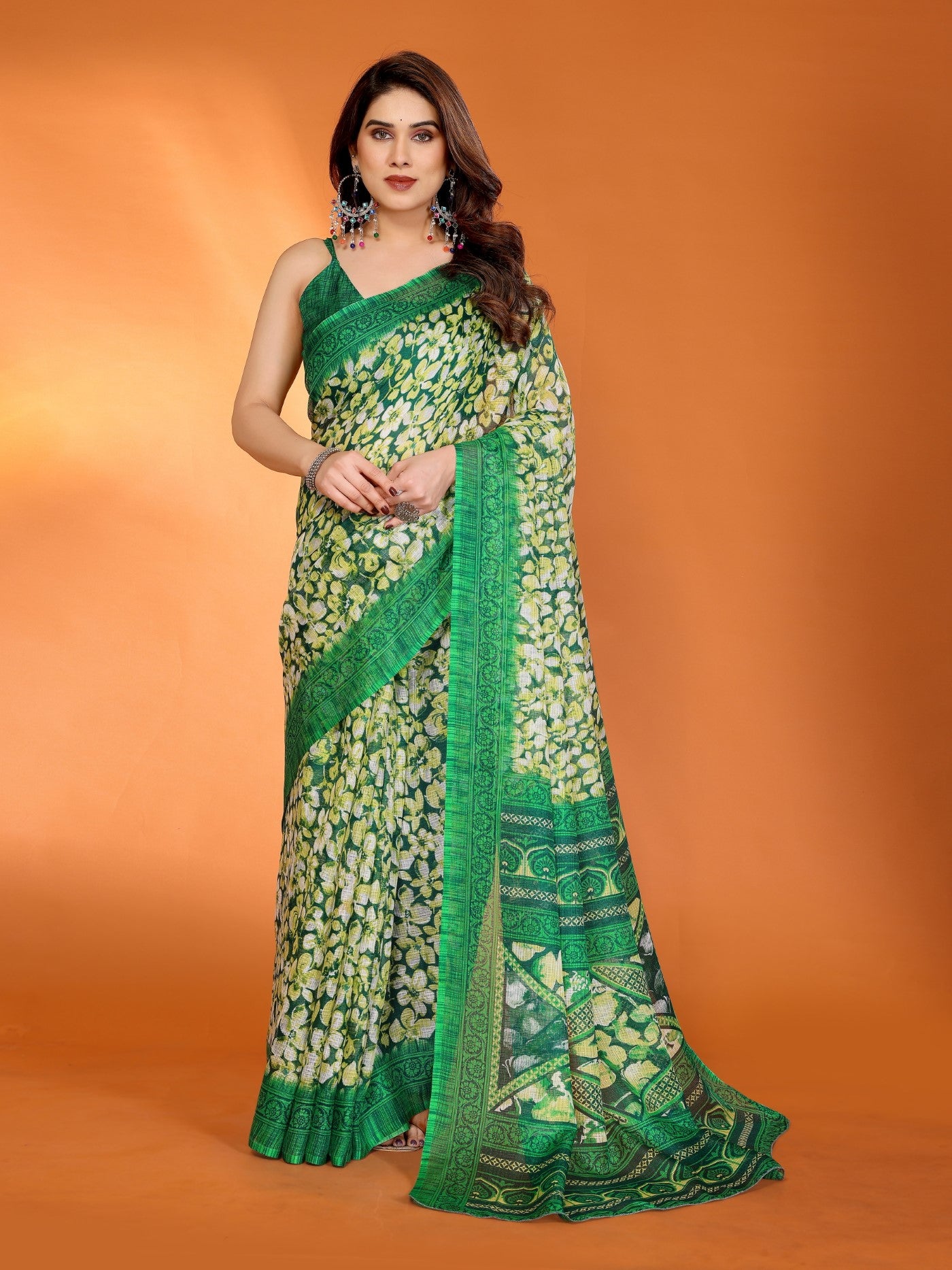 Green Kota Doriya Saree With Traditional Printed Design