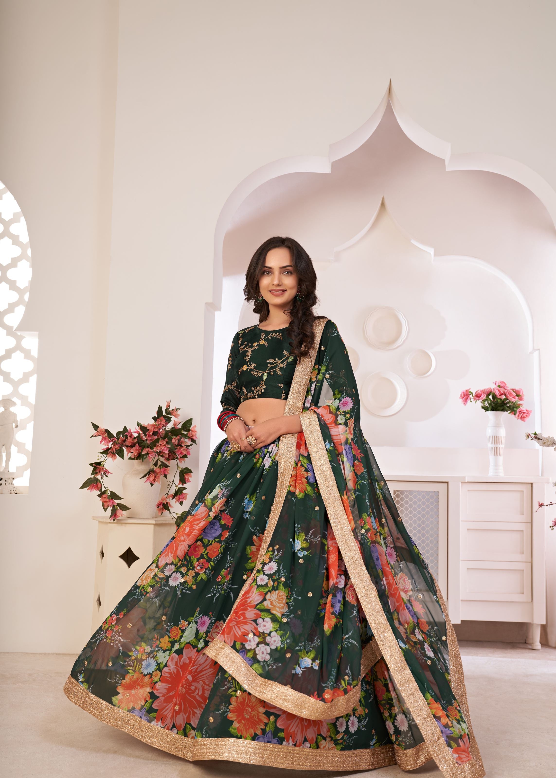 Green Lehenga Choli With Digital Floral Print And Embroidered Work With Jari Sequins Dori Work