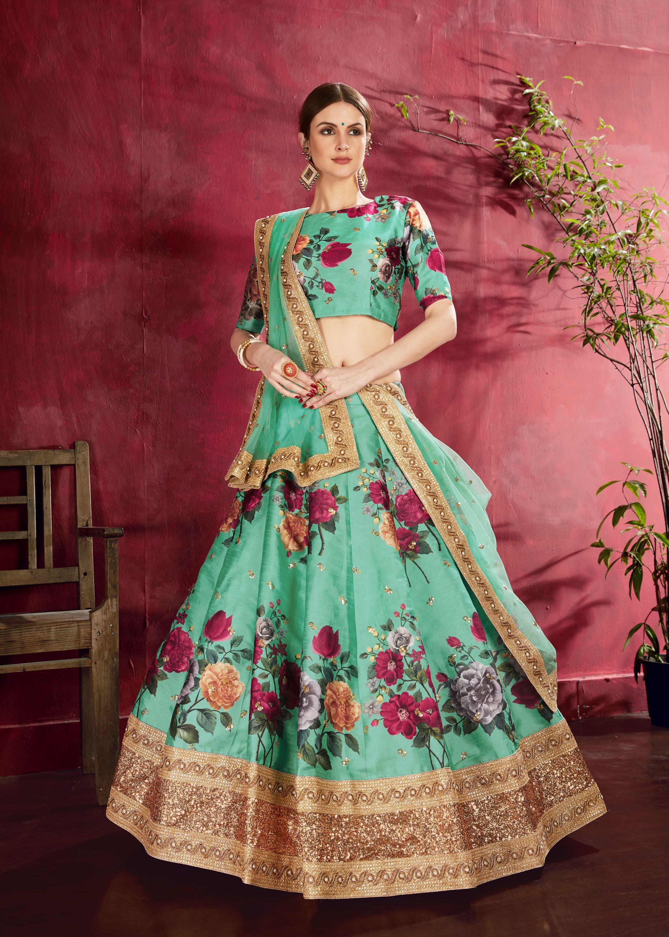 Green Lehenga Choli With Floral Print, Dori, Zari And Sequins Embroidery