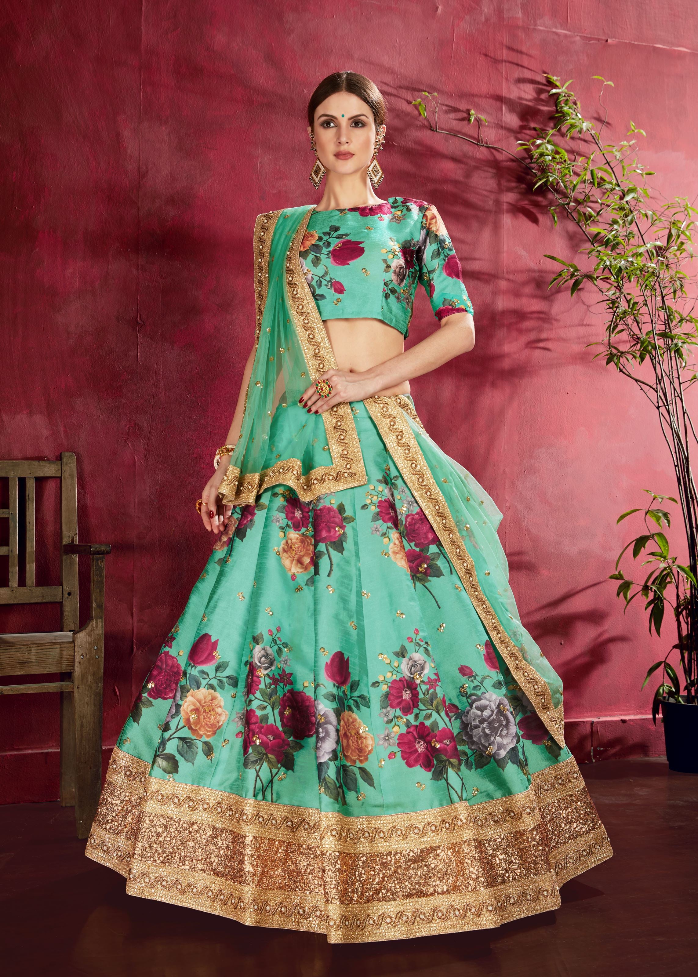 Green Lehenga Choli With Floral Print, Dori, Zari And Sequins Embroidery