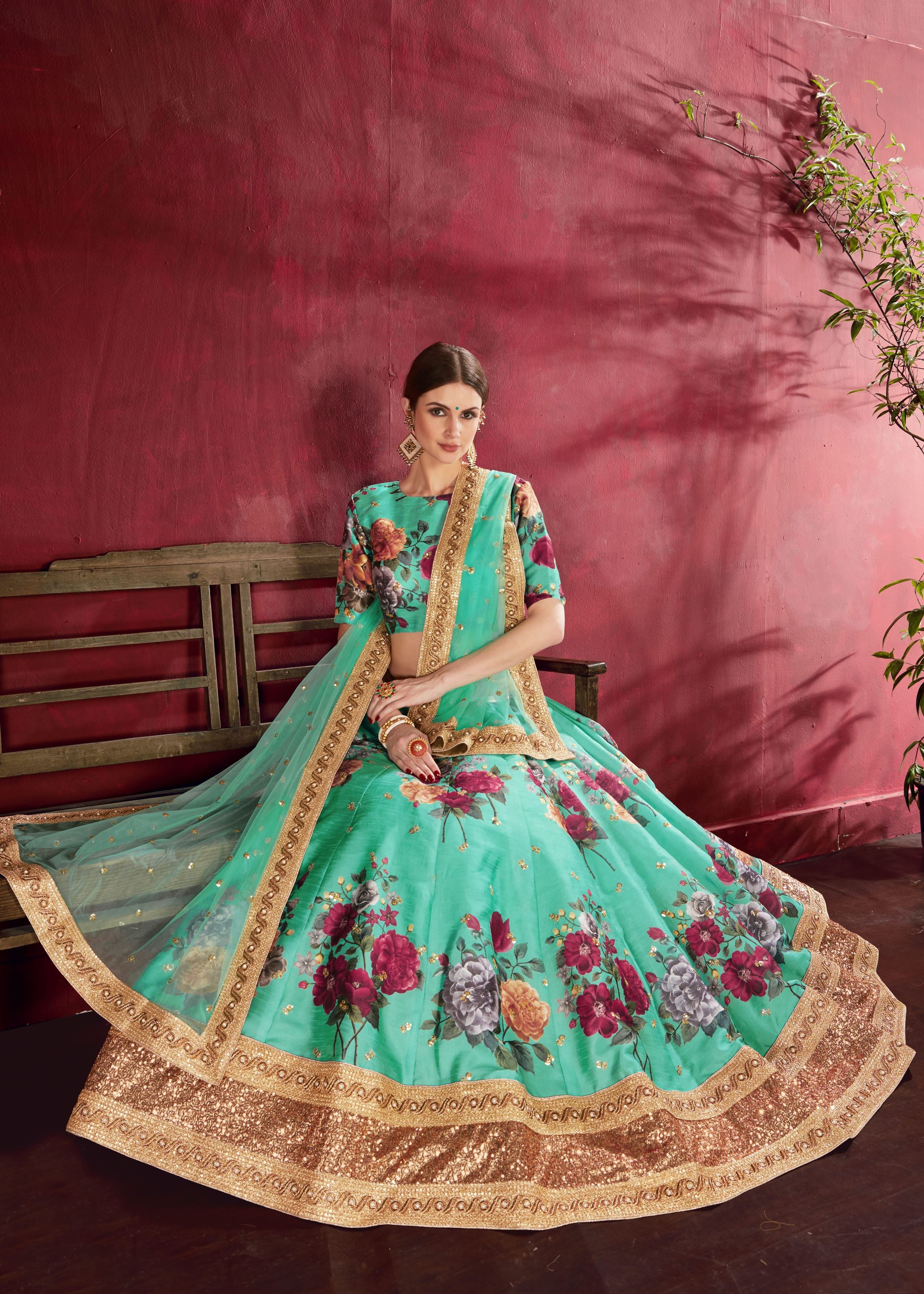 Green Lehenga Choli With Floral Print, Dori, Zari And Sequins Embroidery