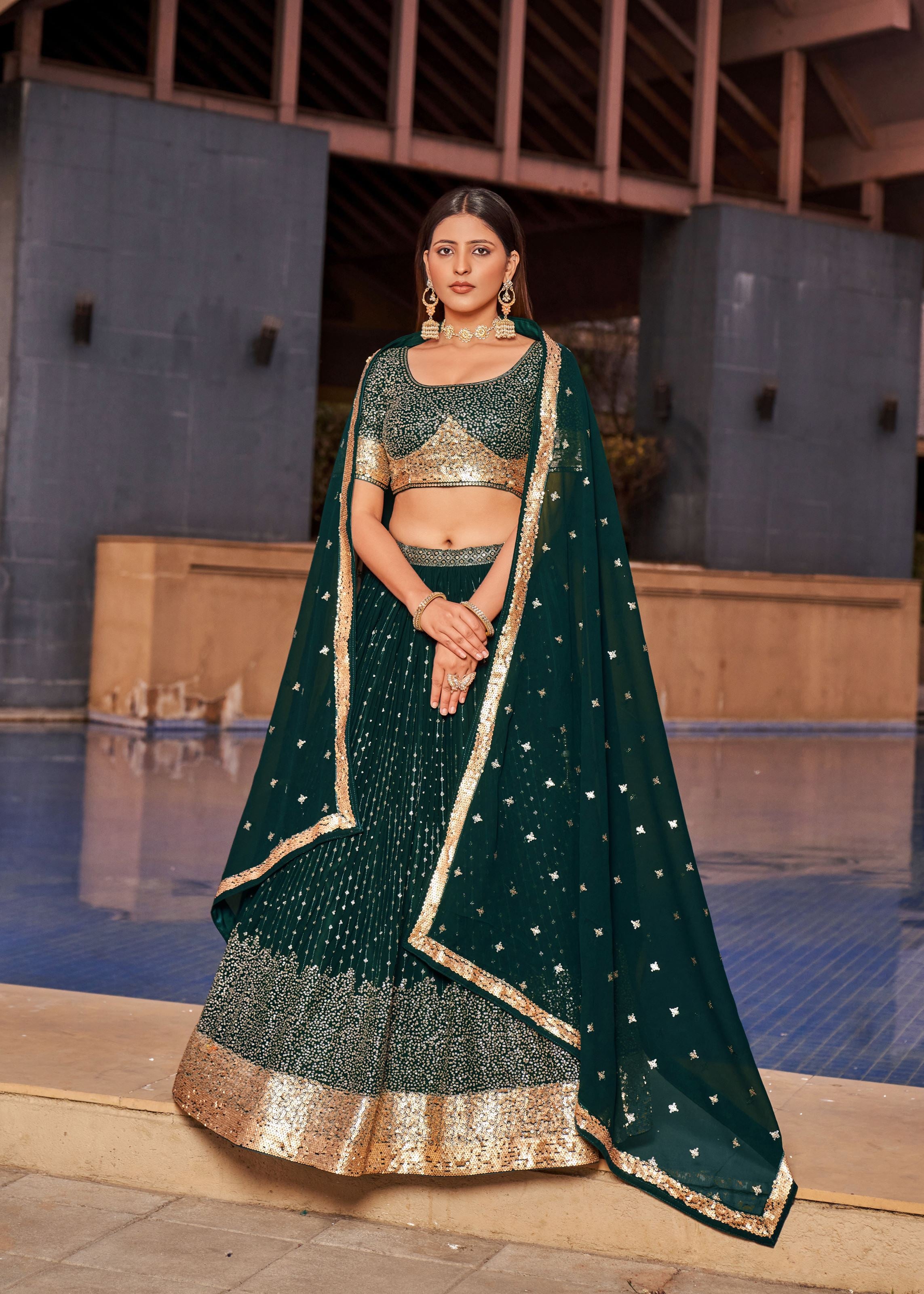 Green Lehenga Choli With Multiple Sequins And Thread Embroidery Work