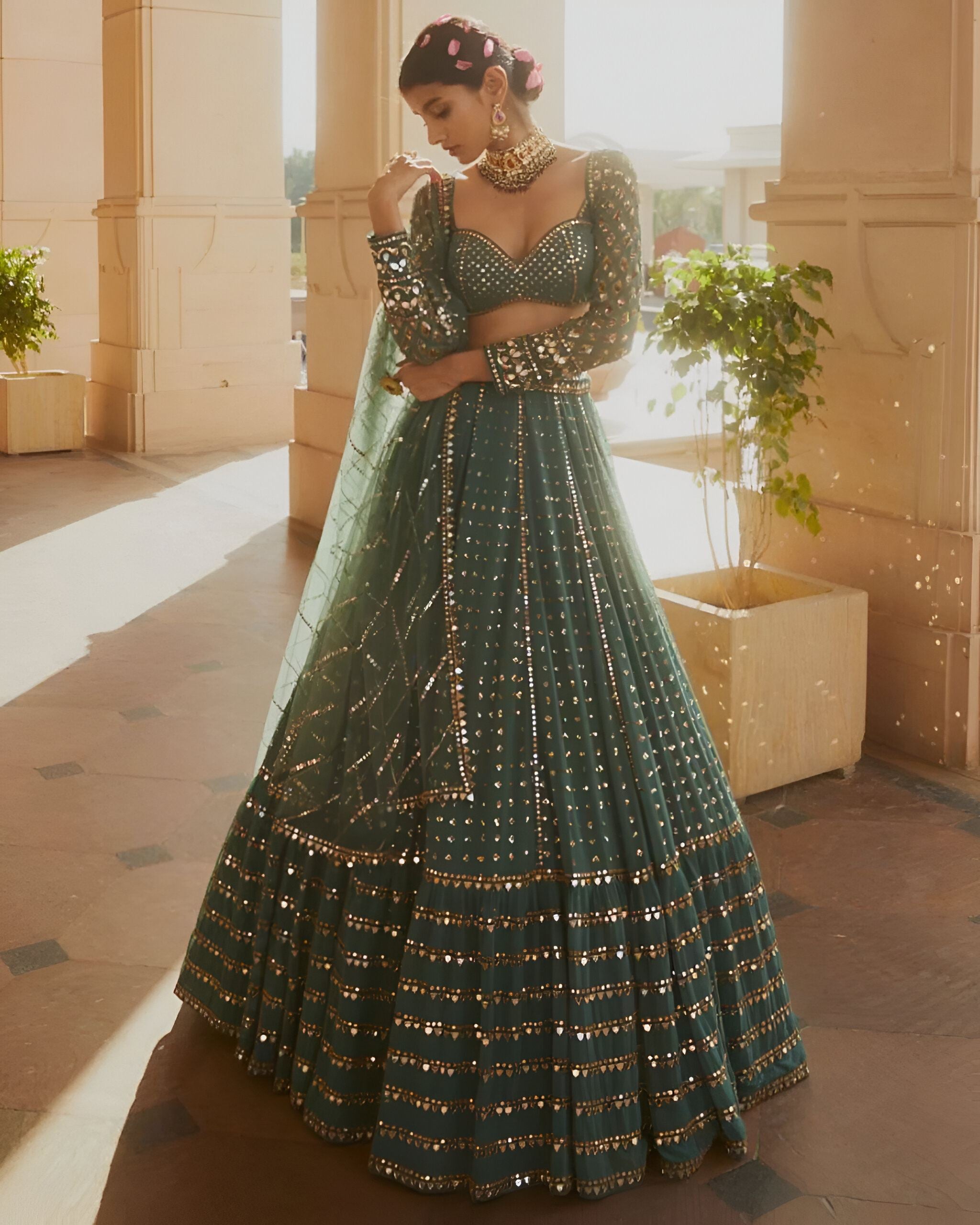 Green Lehenga Choli With Sequence With Thread And Jari Embroidery Work