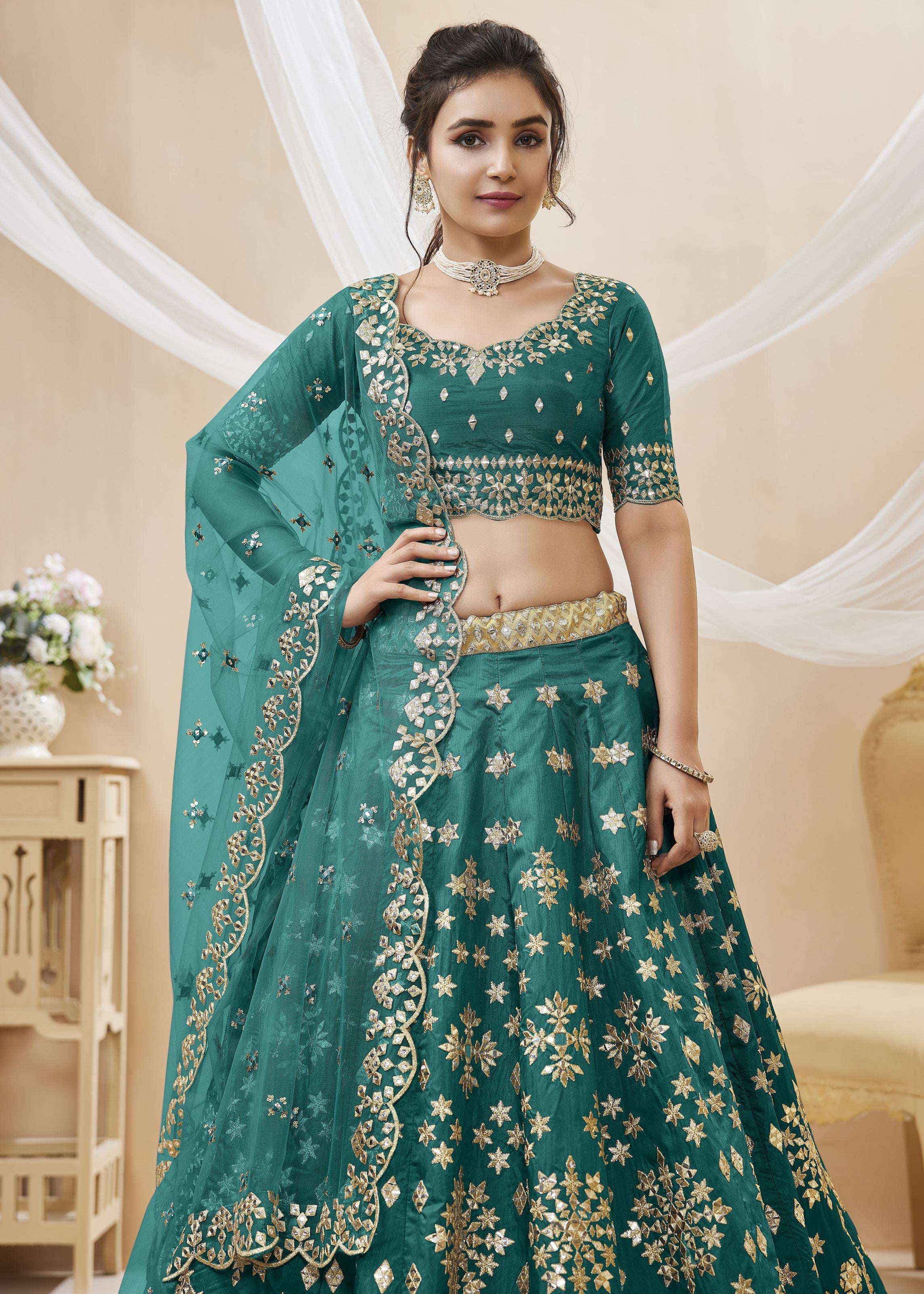 Green Lehenga Choli With Sequins, Foil & Zari Embroidered Work