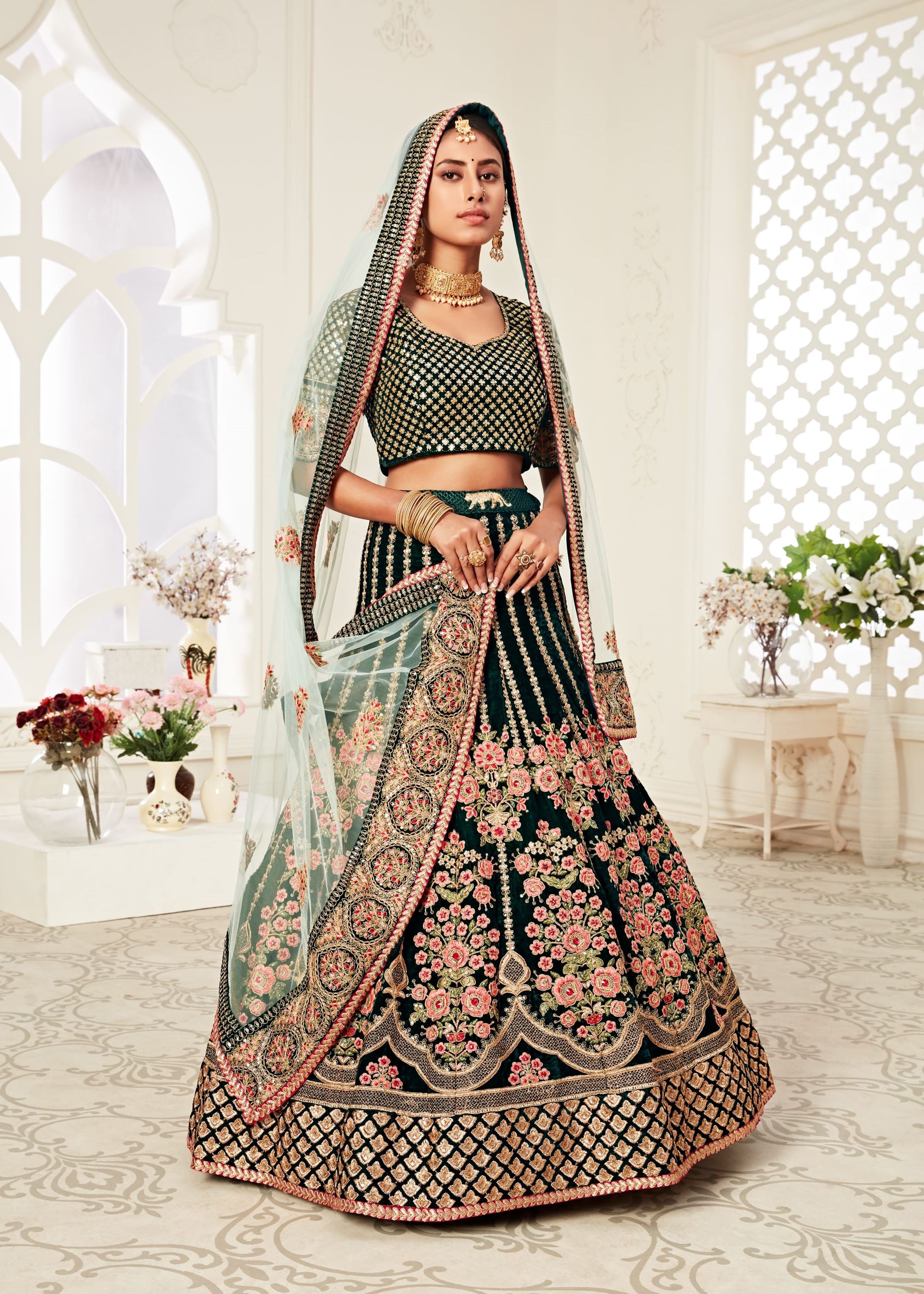 Green Lehenga Choli With Thread, Dori, Zari And Sequins Embroidery With Diamond Work