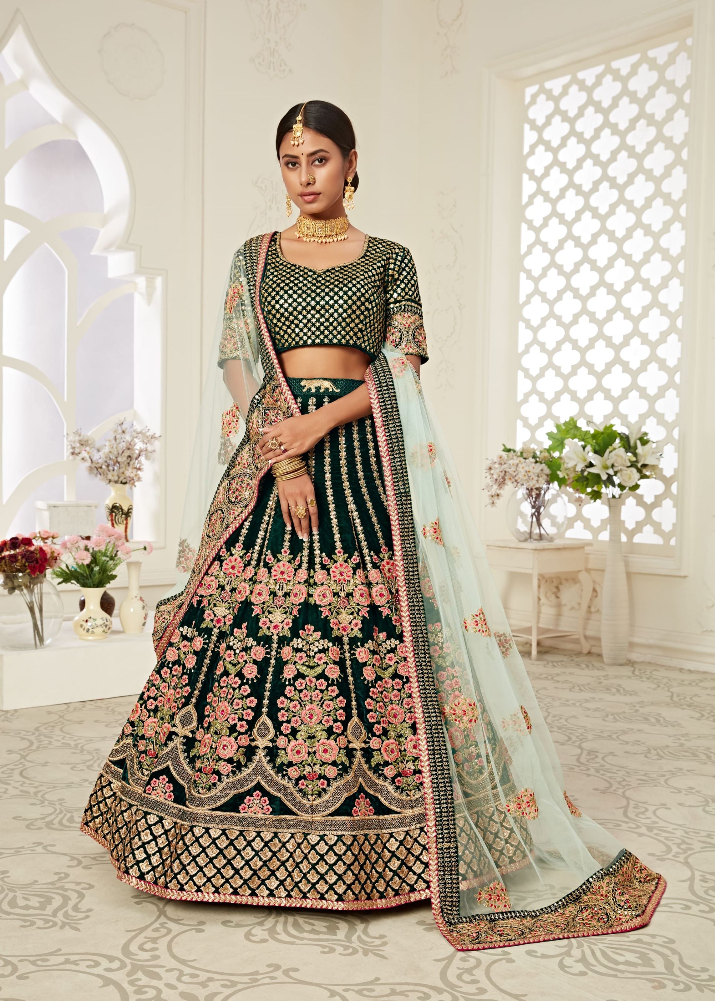 Green Lehenga Choli With Thread, Dori, Zari And Sequins Embroidery With Diamond Work