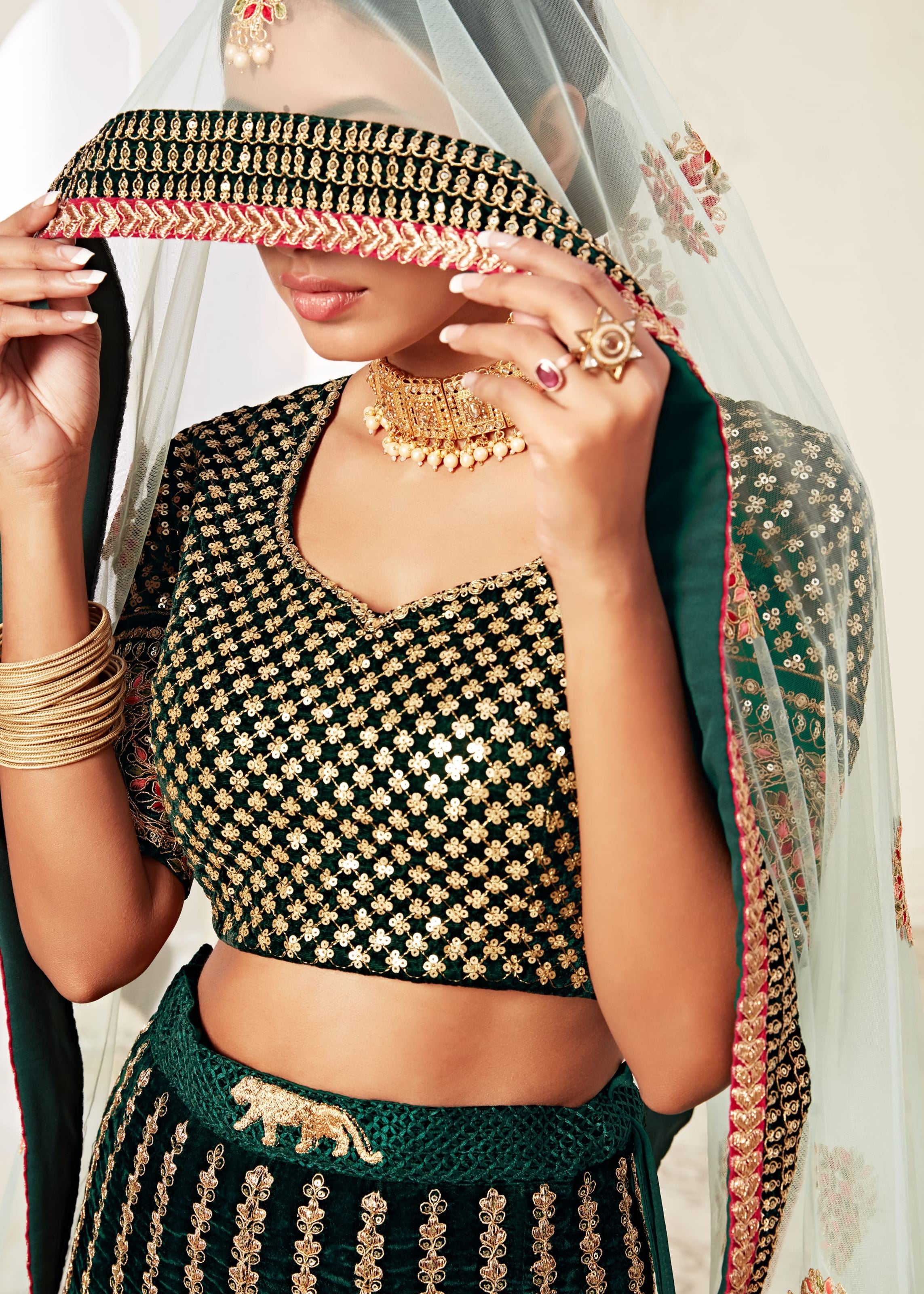 Green Lehenga Choli With Thread, Dori, Zari And Sequins Embroidery With Diamond Work