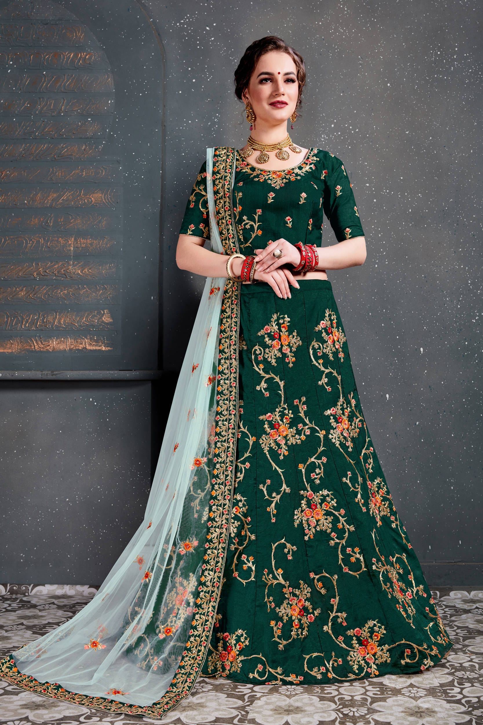 Green Lehenga Choli With Thread, Dori, Zari Embroidery With Diamond Work