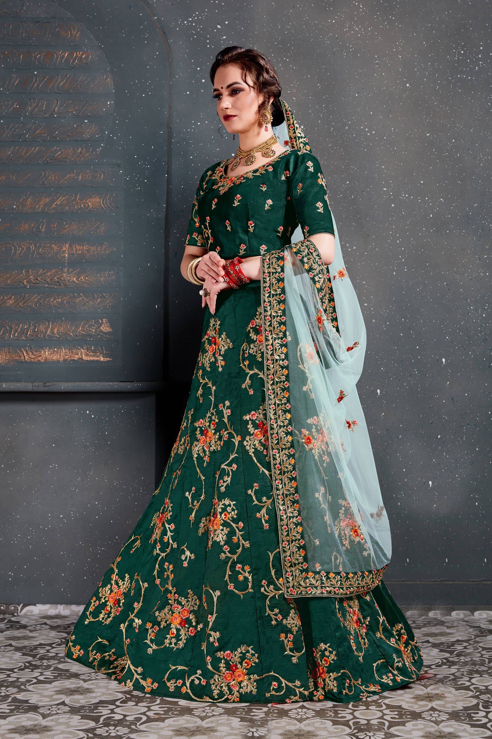 Green Lehenga Choli With Thread, Dori, Zari Embroidery With Diamond Work