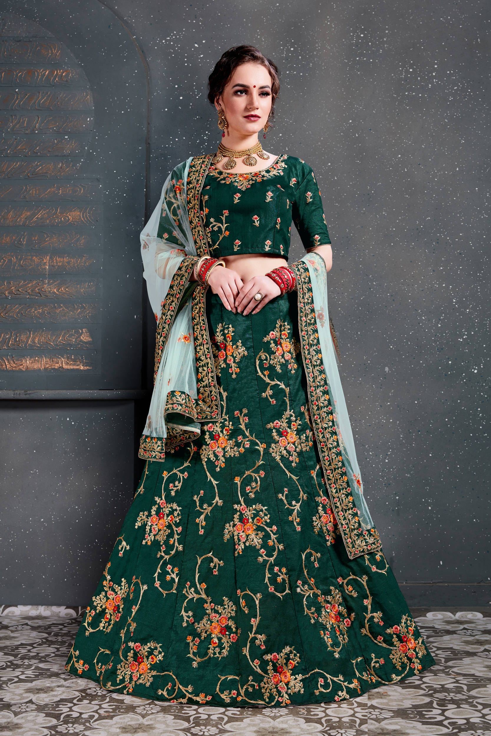 Green Lehenga Choli With Thread, Dori, Zari Embroidery With Diamond Work
