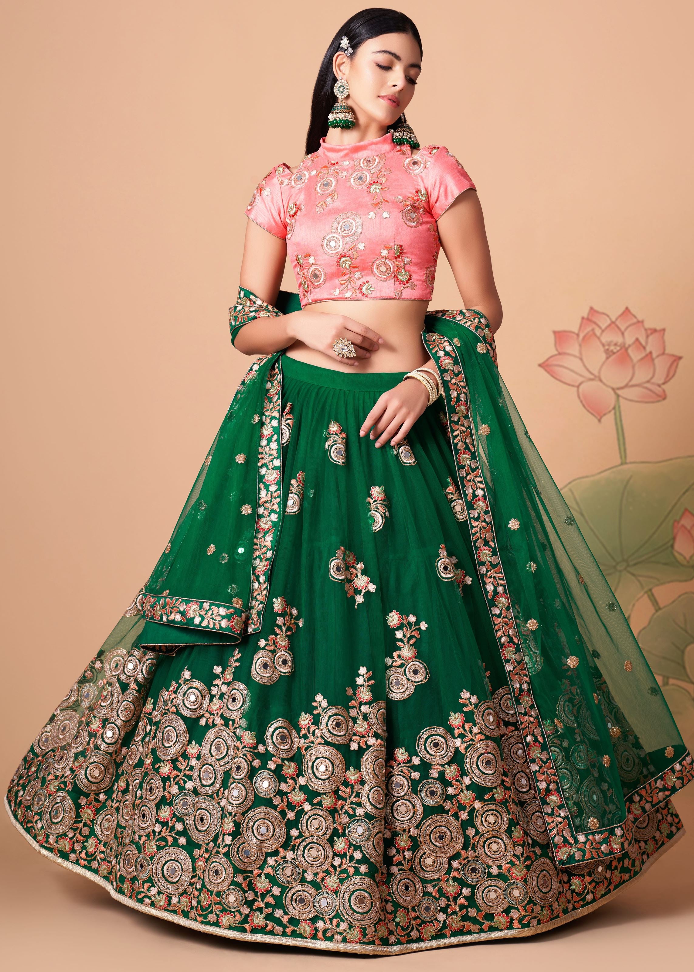 Green Lehenga Choli With   Thread, Zari, Dori And Sequins Embroidery With Mirror Work